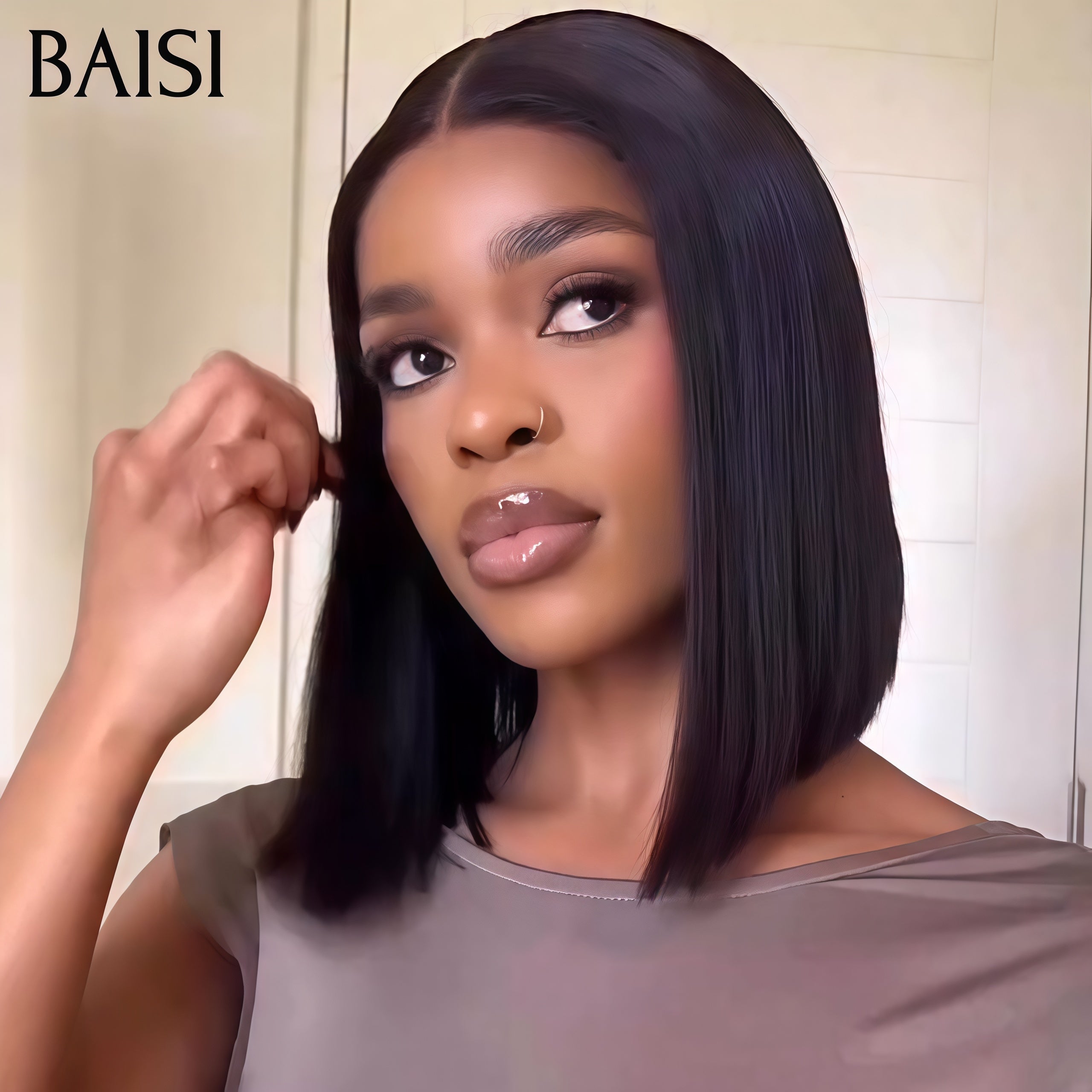 BAISI Grande Promo 13x4 Frontale in Pizzo Parrucca BOB Nera Liscia 10 Pollici 79€ In 100% Capelli Umani B