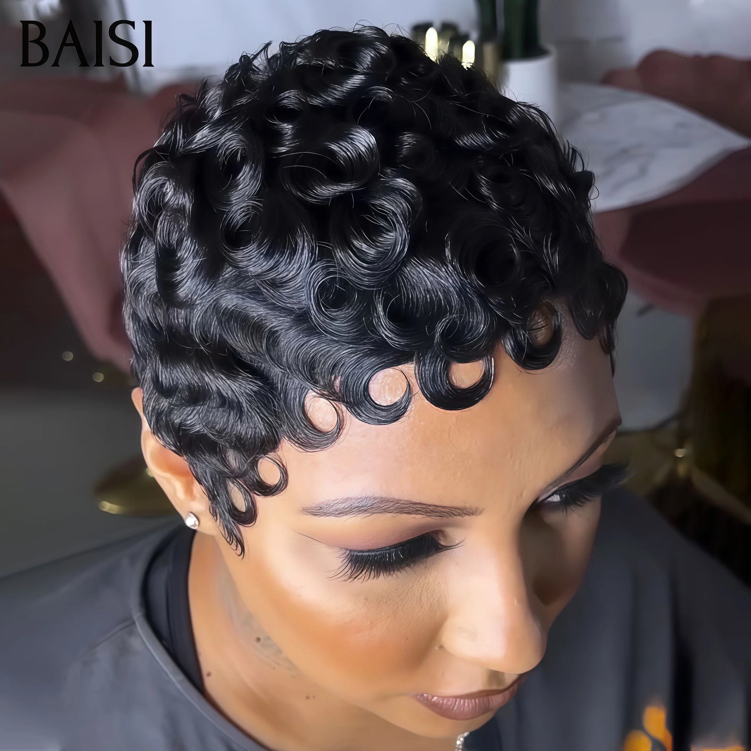 BAISI Peruca Pixie Finger Wave, corte curto, sem Lace 39€ Penteado Peruca Full Lace em 100% Cabelo Humano B