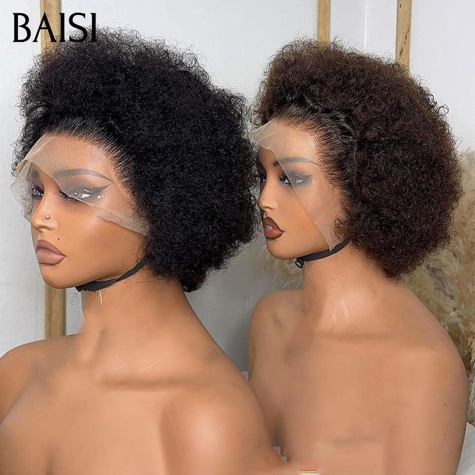 BAISI 13X4 Pizzo Parrucche Grande Promo arrivo pixie corte afro riccia Marrone #4 100% Capelli Umani
