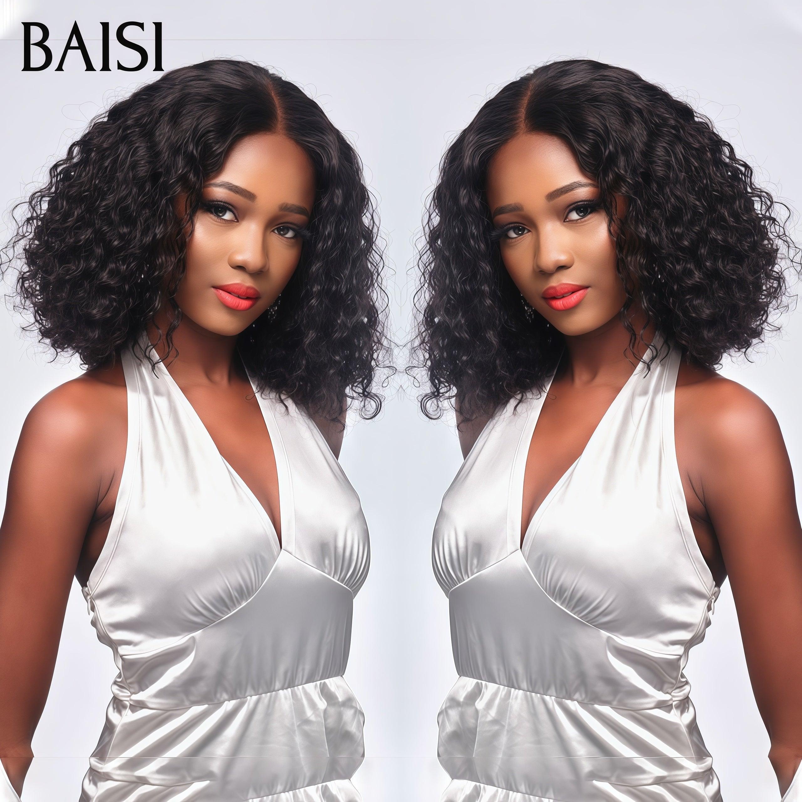 BAISI 13x4 Perruque Bob curly wave en Noir Sans Colle Lace déjà couper Facile à Porter  Perruques sans colle taille standart réglable avec 3 grandeurs S , M , L  1 bonnet en 3  en 100% Cheveux Humains