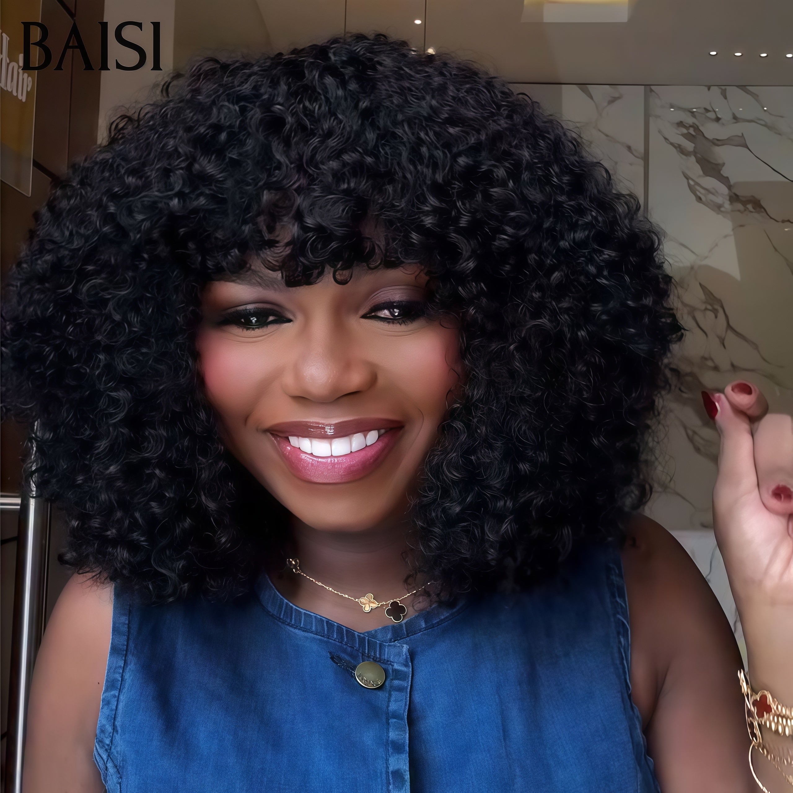 BAISI Acquista minimo 2 parrucche al prezzo di fabbrica fornitore TAGLIO CINESE curly wave o NERO MISCELATO BIONDO SENZA LACE PARRUCCA BOB LISCI CON FRANGIA #1BMIX#613 (Non serve codice)