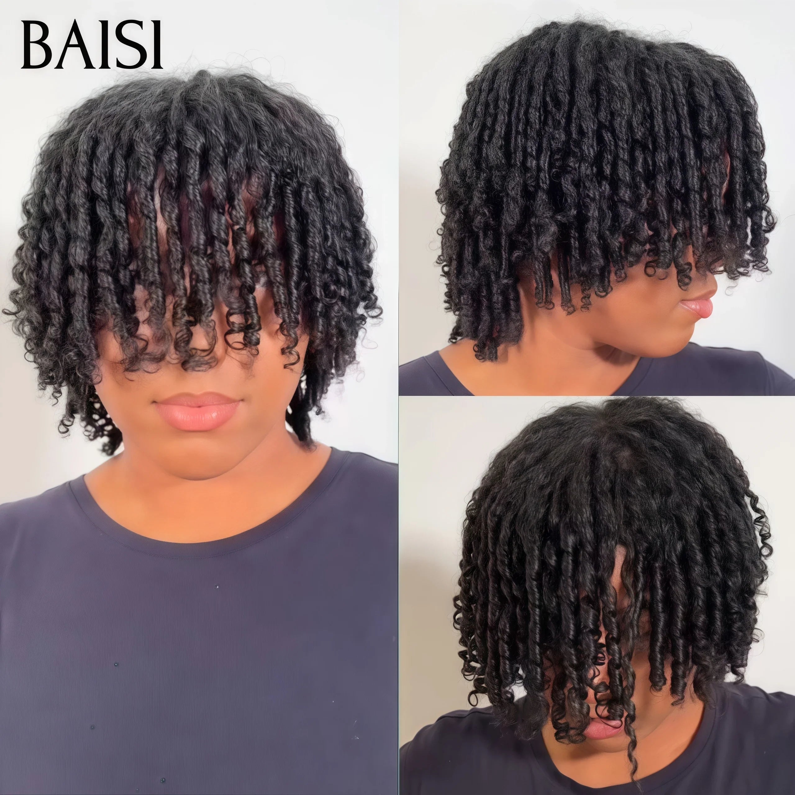 BAISI Achetez 2 perruques minimum au prix d'usine fournisseur perruque pixie finger wave ou Lisse 99J# ou bouclé curly sans colle sans lace ou afro curl avec frange en noir 10 Pouces en 100% vrais cheveux humains