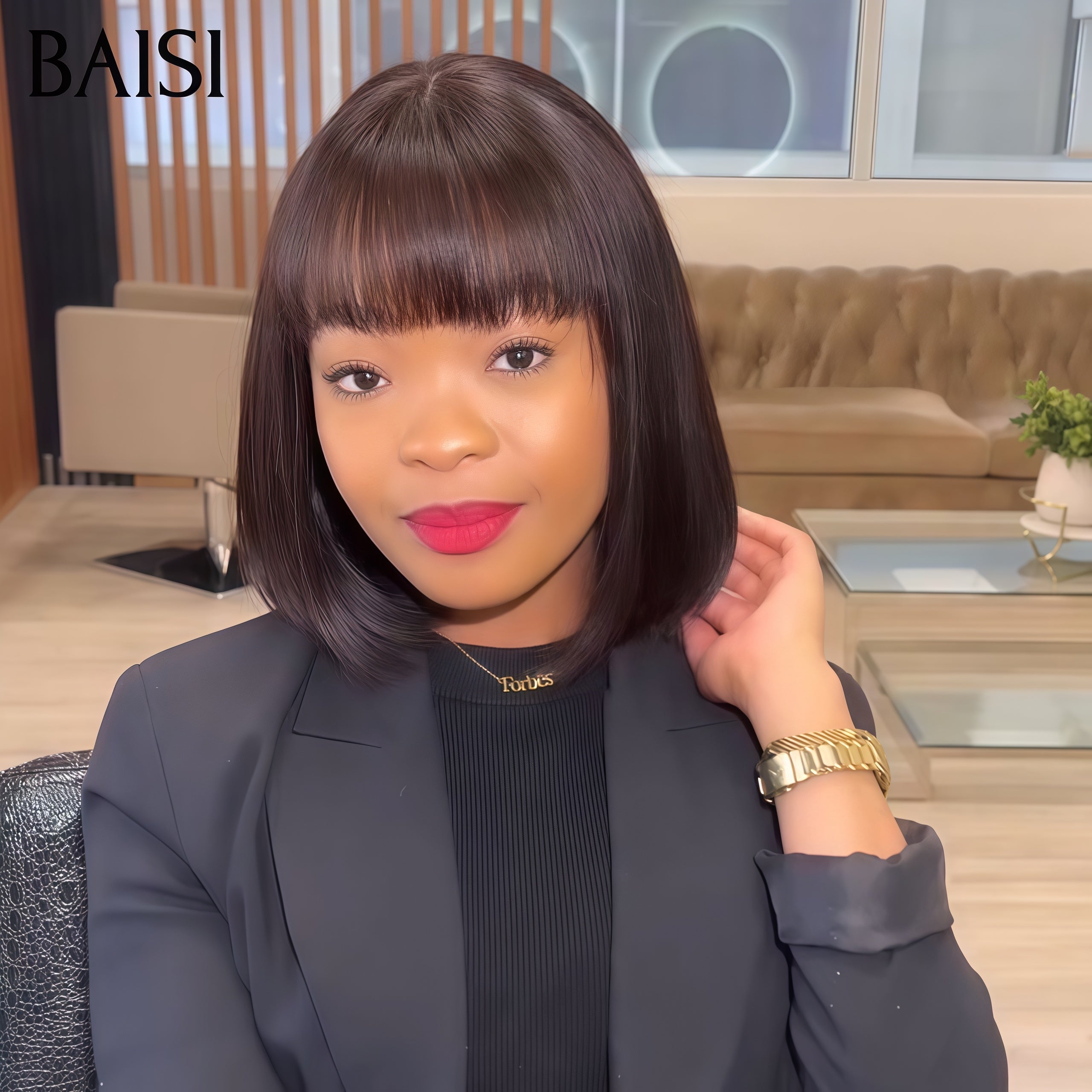 BAISI 1 Lisse Bob avec Frange 8 Pouces 59€ ou  2 bobs 130€ sans lace avec frange en Couleur noir et bordeaux 1BT99J en 100% vrais cheveux humains