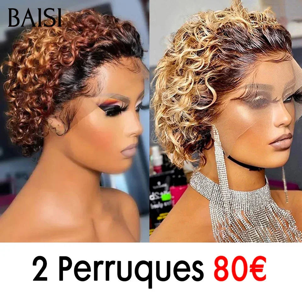 BAISI 2 perruques 80€ 13X4 lace frontal pixie curly en couleur Marron et Mixte ou 1 Acheté + 1 Gratuit 279€ 4X4 pour revendre body wave 26 pouces et sans lace egg wave avec franage 12Pouces 200% densité en 100% vrais cheveux humains BS65