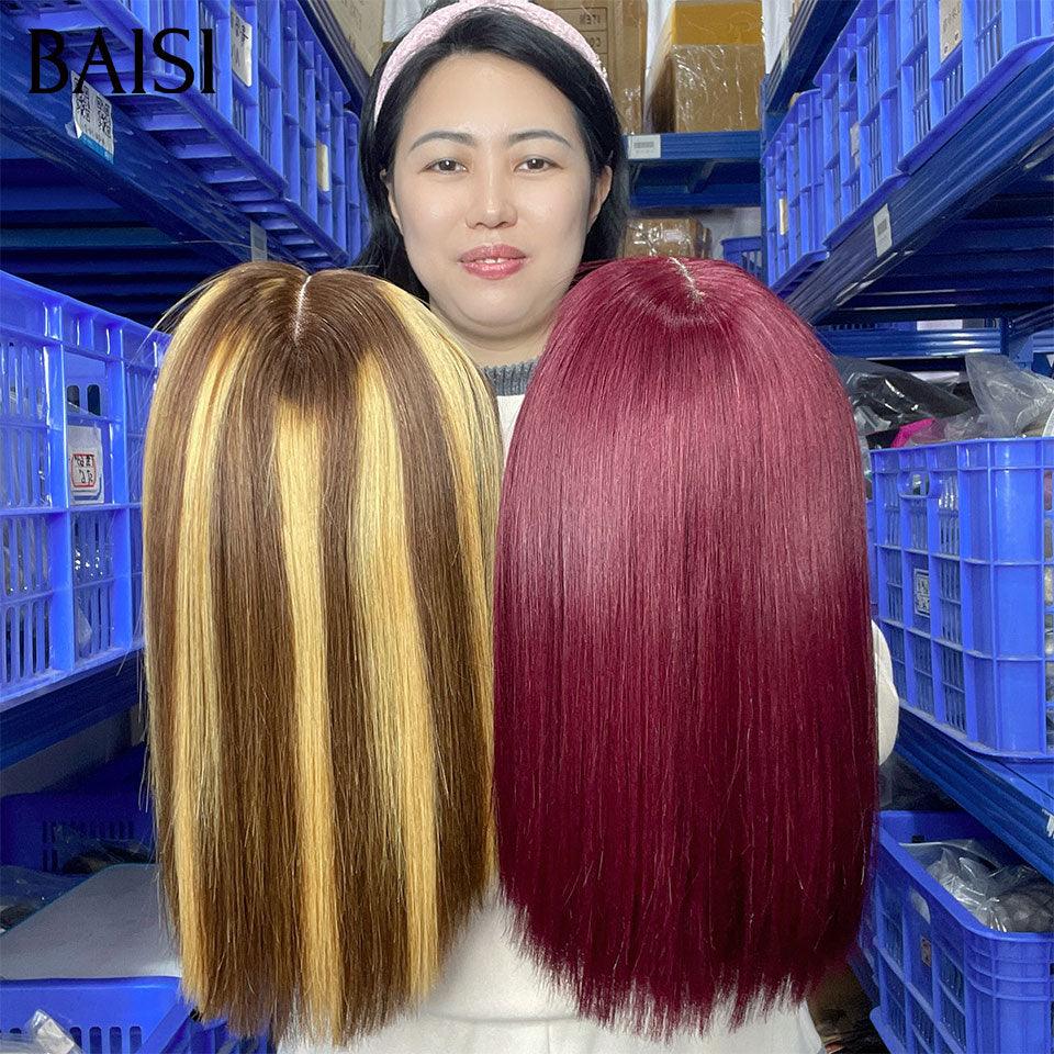 BAISI 2 perruques promo Lisse 13X4 lace 4#27# et 4X4 lace 99J#  lOT DE LA PERRUQUE ASHLEY COUPE BOUCLE MARRON PLUS CLOSURE PERRUQUE LISSE EN COULEUR NATURELLE