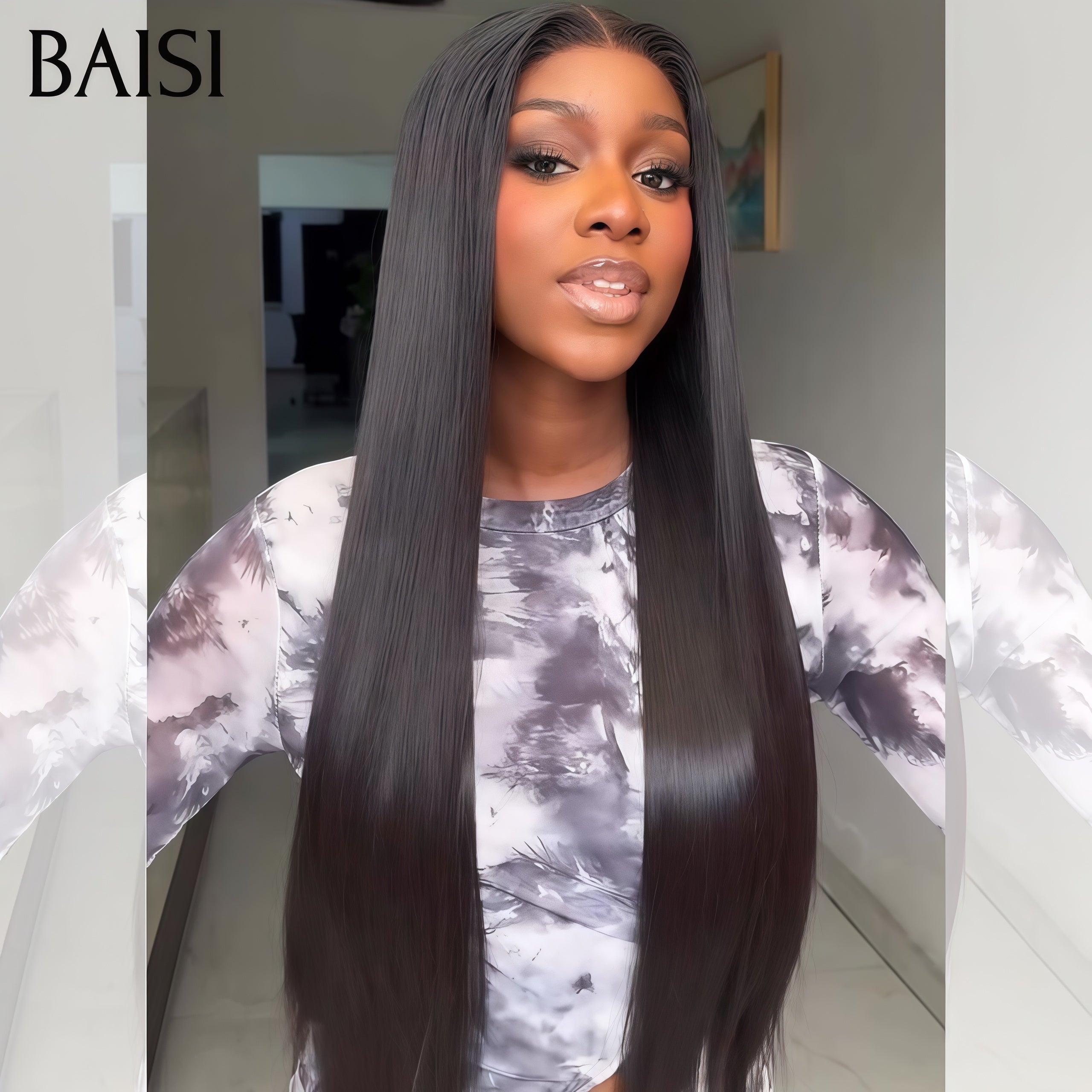 BAISI 13x6 Frontal Straight Wig 8-30 Inch Pre-plucked No Glue Needed 100% Raw Hair Lace Already Cut B