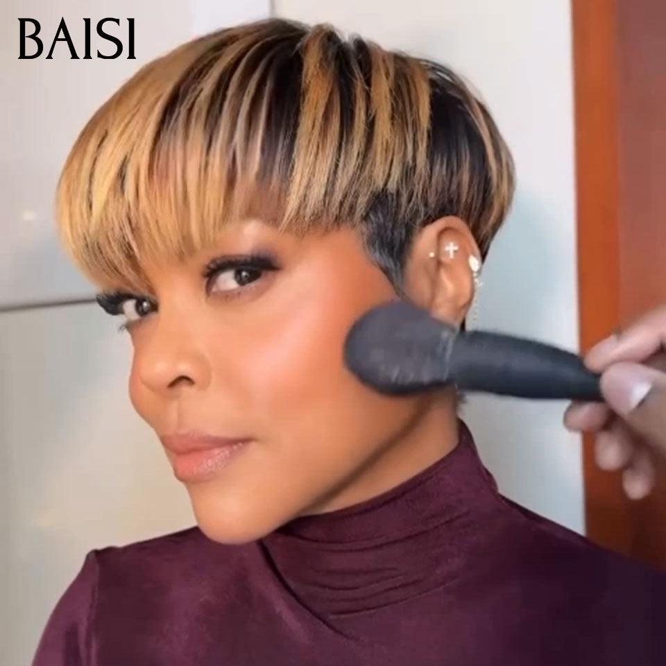BAISI  Perruque Pixie Lisse petite coupe fabriqué à la machine moitié prix 65€ en couleur 1B#4#/27# En 100% Cheveux Humains MP50