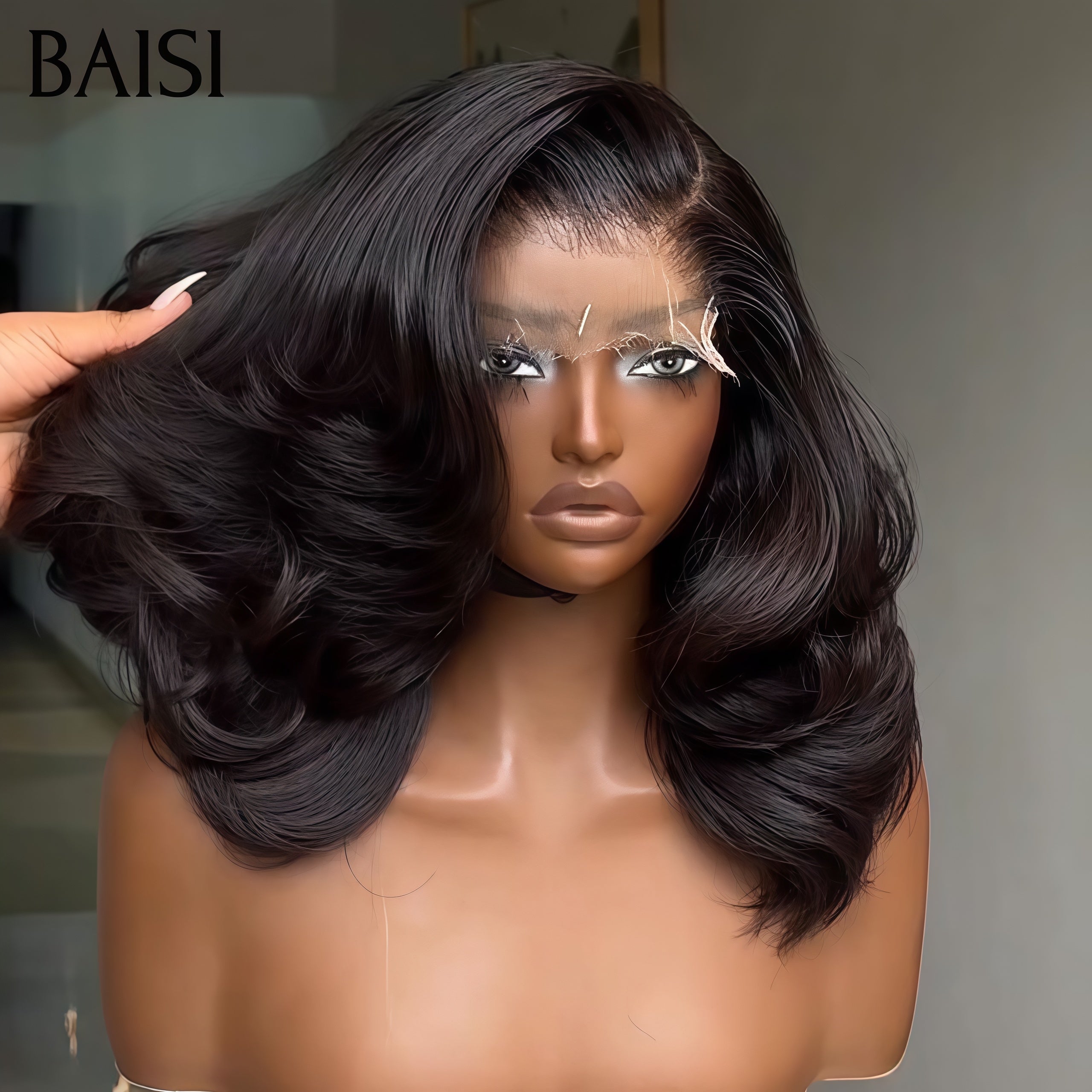BAISI 4x4 Perruque Bob Body Wave 16 Pouce 129€ en Noir Sans Colle Lace déjà couper Facile à Porter en 100% Cheveux Humains D