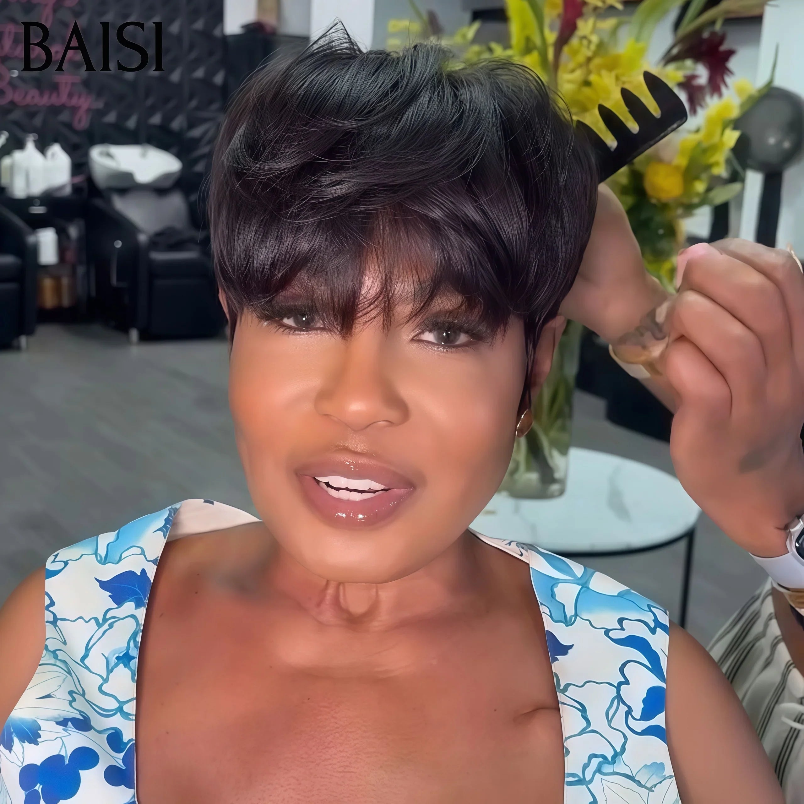 BAISI Compre 2 perucas no mínimo ao preço de fábrica, peruca fabricada à máquina pixie lisa ou peruca curly wave mista, 100% cabelo humano, fabricada à máquina (não precisa de código)