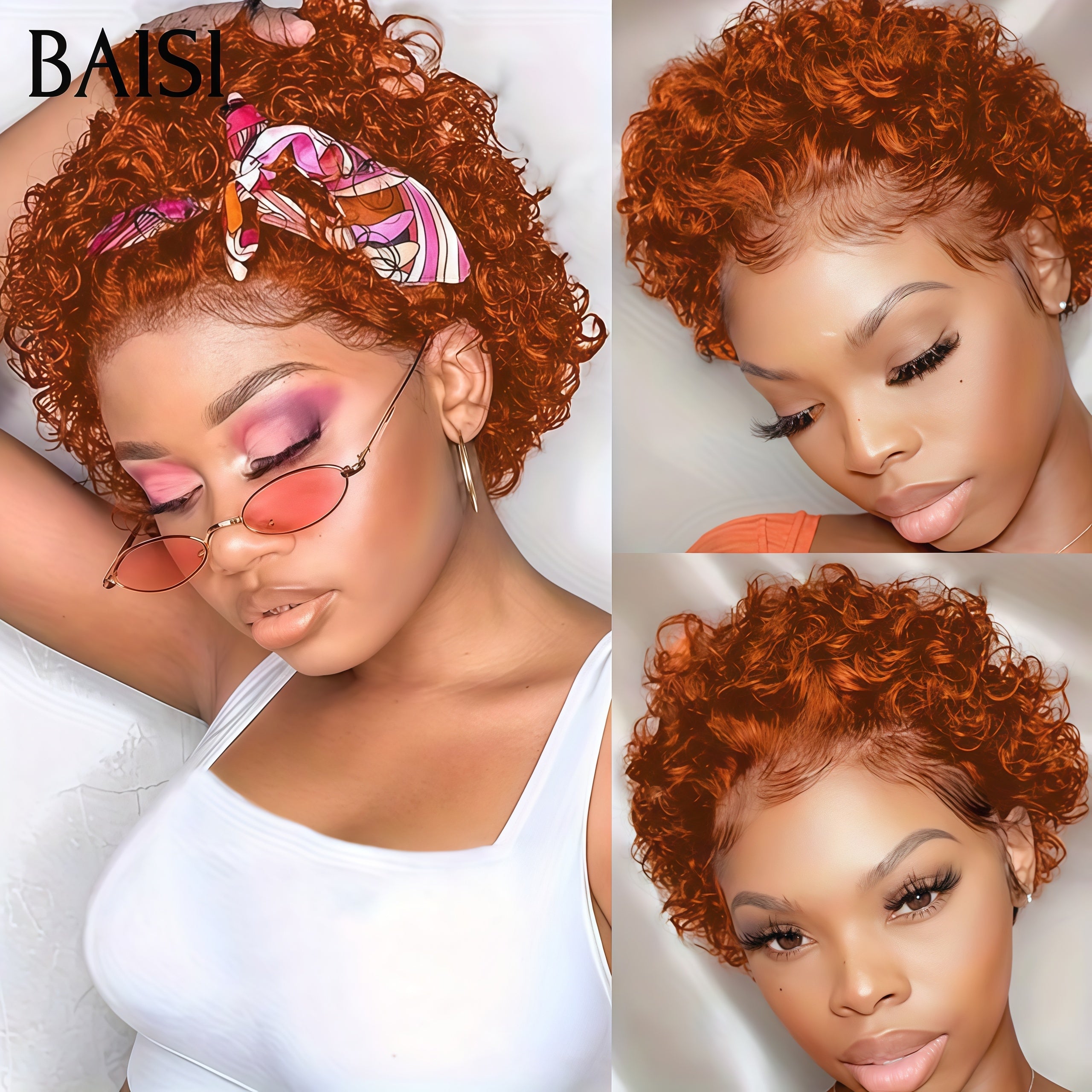 BAISI 13x4 lace frontal curly wave orange 54€ ou Promo 45€ arrivage pixie coupe fabriqué à la machine En 100% Cheveux Humains En blonde #613  ou afro curly NOIR