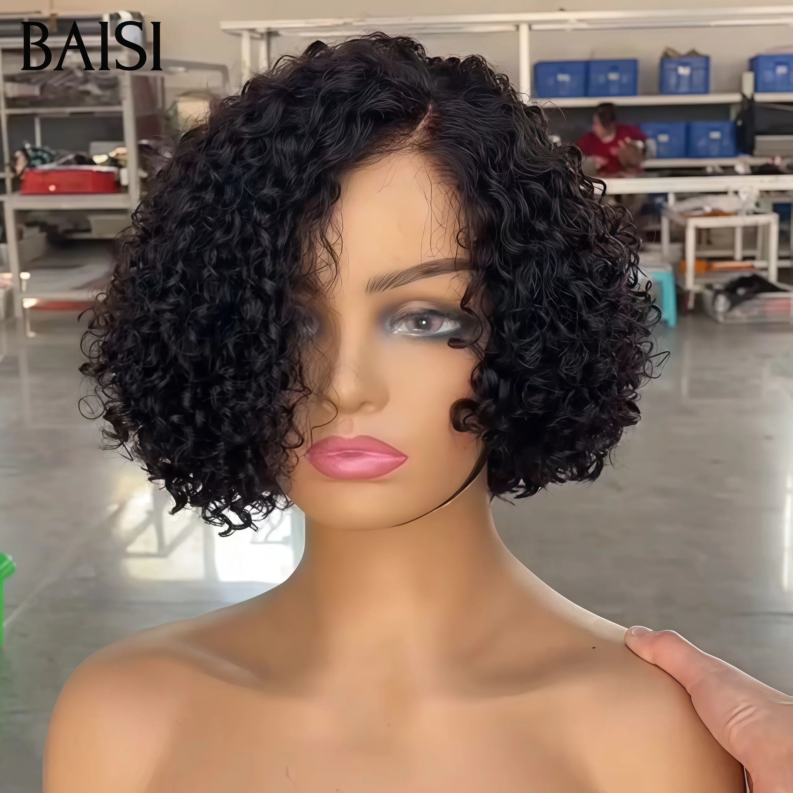 BAISI Perruque 4X4 lace Raie sur le côté en couleur NOIR water wave 10 Pouces 76€ en 100% Cheveux Humains FR40