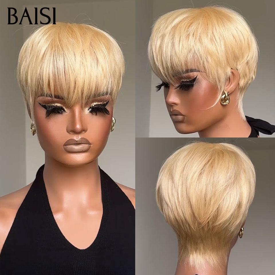 BAISI Perruque 4 Pixie Lisse en 4 couleurs orange ou marron ou blonde ou gris moitié prix sans colle sans lace  100% Cheveux Humains Fabriqué à la Machine MP50