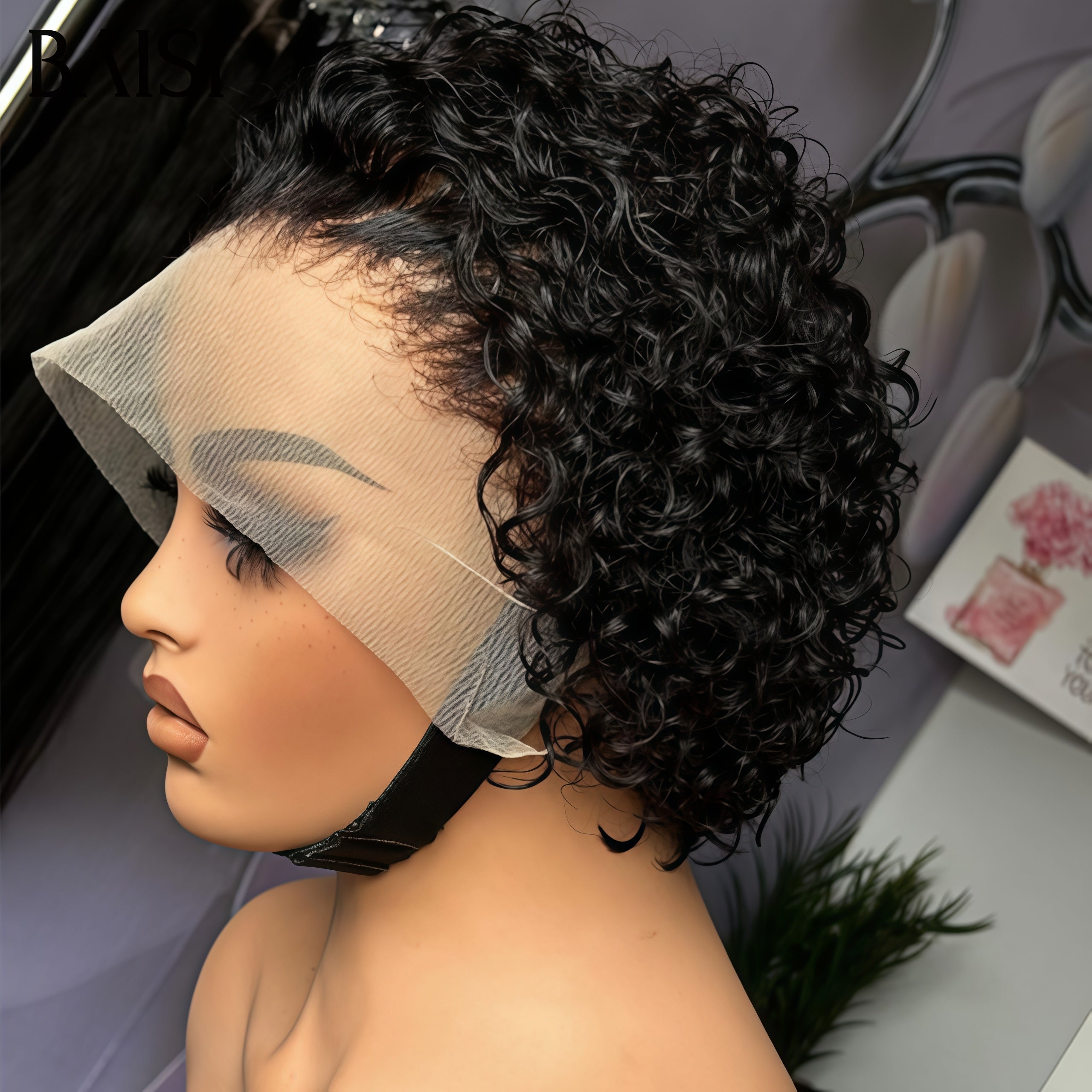 BAISI 13X4 lace frontal pixie curly 55€ NOIR ou 109€ Perruque  en Couleur blonde 613# en 100% Cheveux Humains FR38