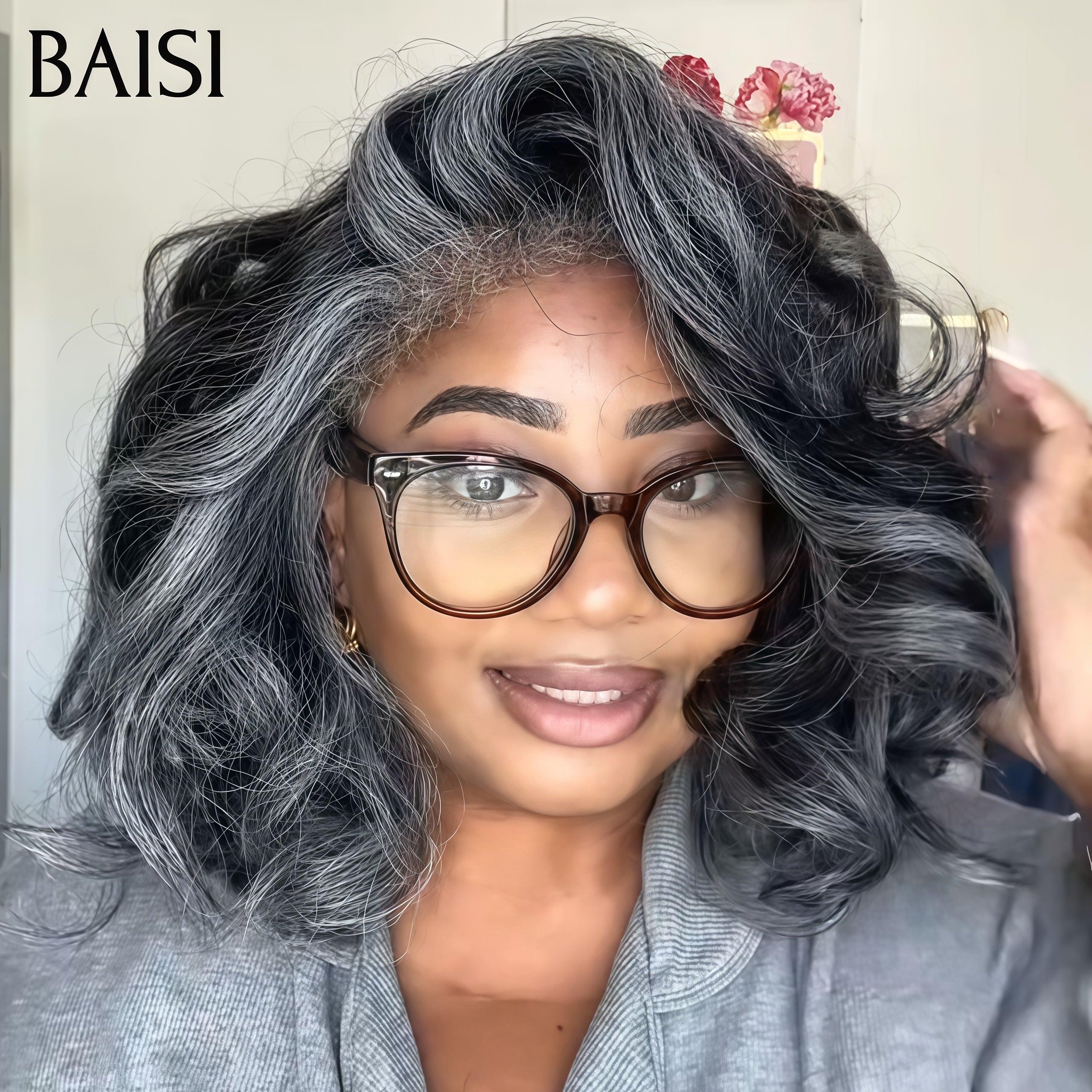 BAISI Collection Poivre et Sel 13X4 Perruques de Luxe Haute Qualité kinky mixte gris 4C 12 pouce 250% densité  plus de 20 ans d' utilisations