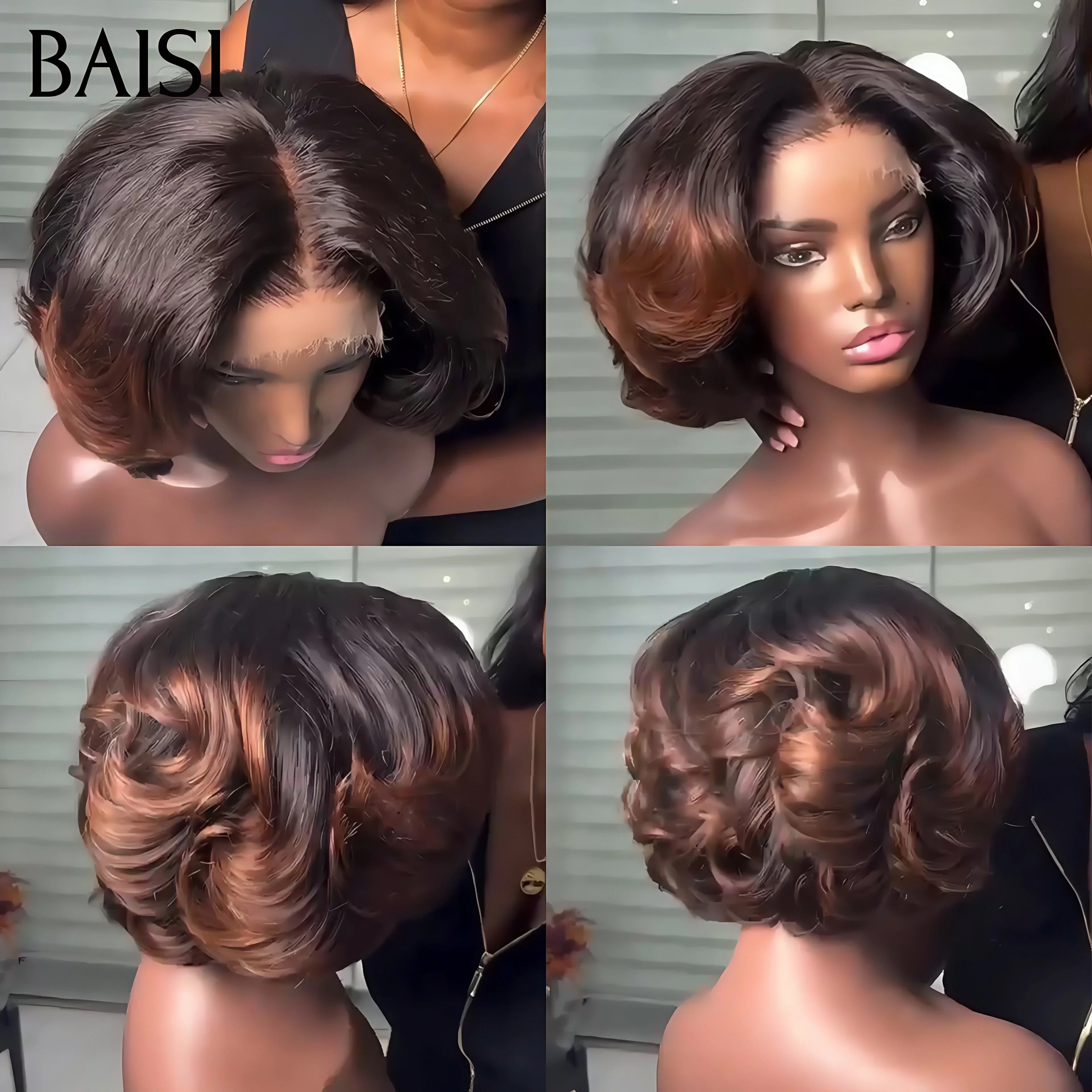 BAISI 4X4 lace Perruque Bouclée en couleur Marron avec racine noir 1BT4# 8 Pouces 79€  250% Densité en 100% Cheveux Humains BS65