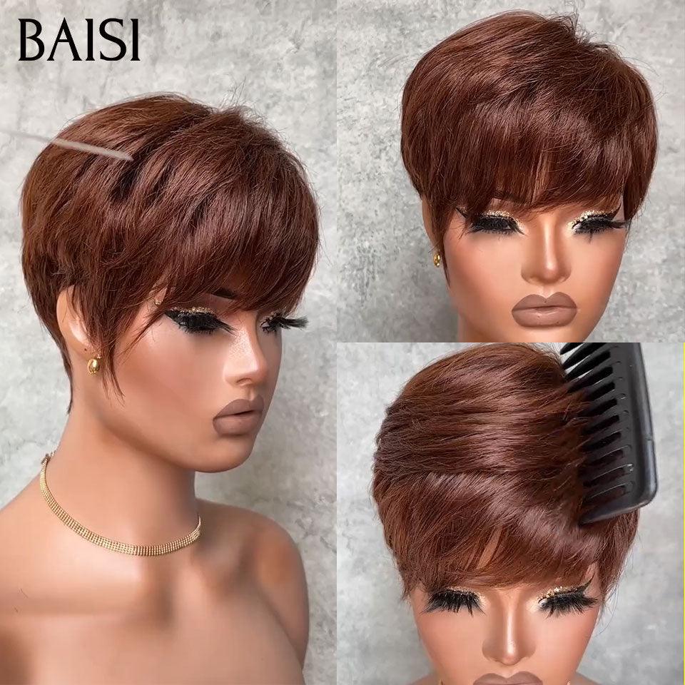 BAISI Perruque 4 Pixie Lisse en 4 couleurs orange ou marron ou blonde ou gris moitié prix sans colle sans lace  100% Cheveux Humains Fabriqué à la Machine MP50