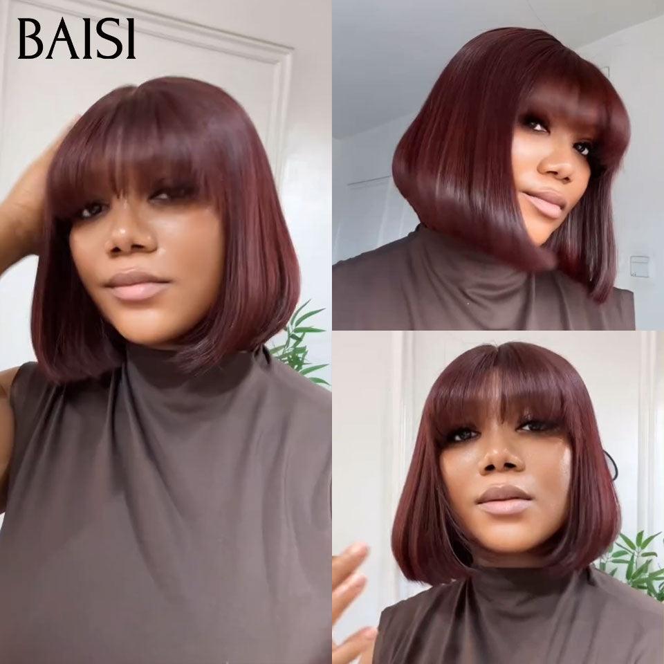 BAISI parrucca Bob liscia con frangia in 3 colori Bordeaux unisex NERO o Arancione o 99J# a metà prezzo in 24H 76€ in 100% capelli umani