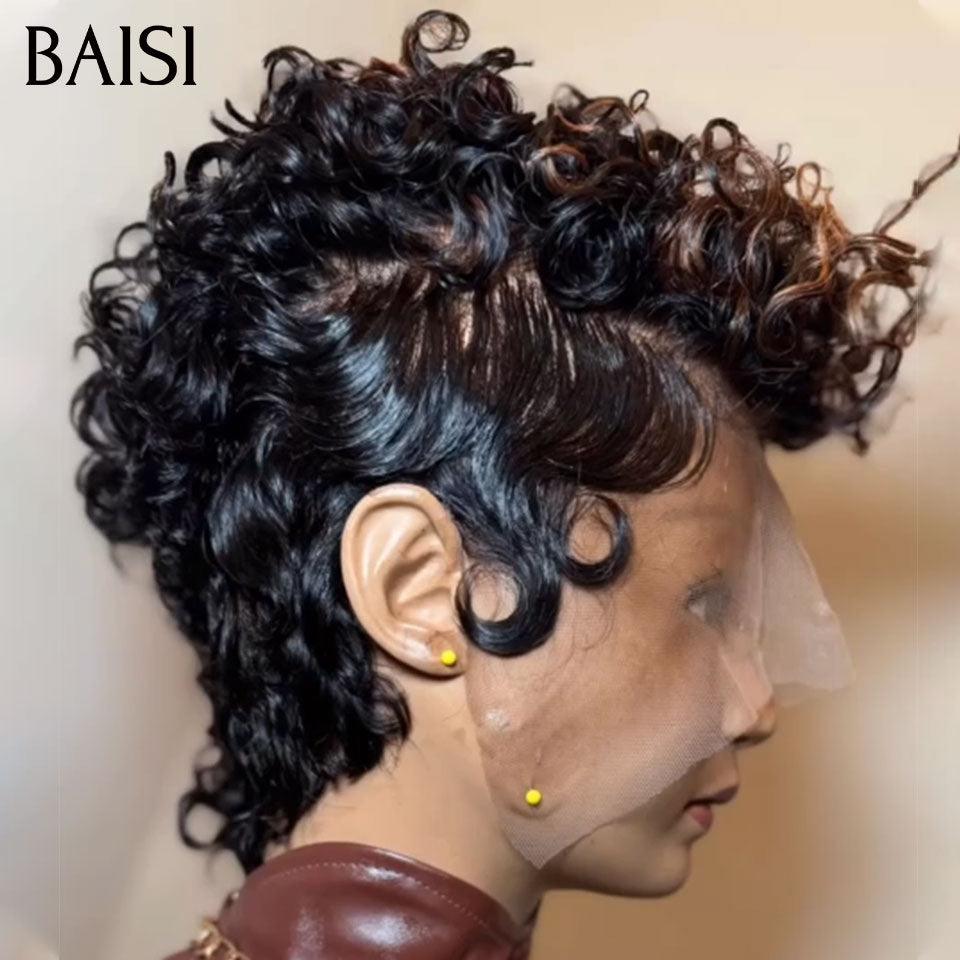 BAISI Wavy Wig Pixie Cut Full Lace Finger Wave small cut in Black Color in 100% human hair BS50