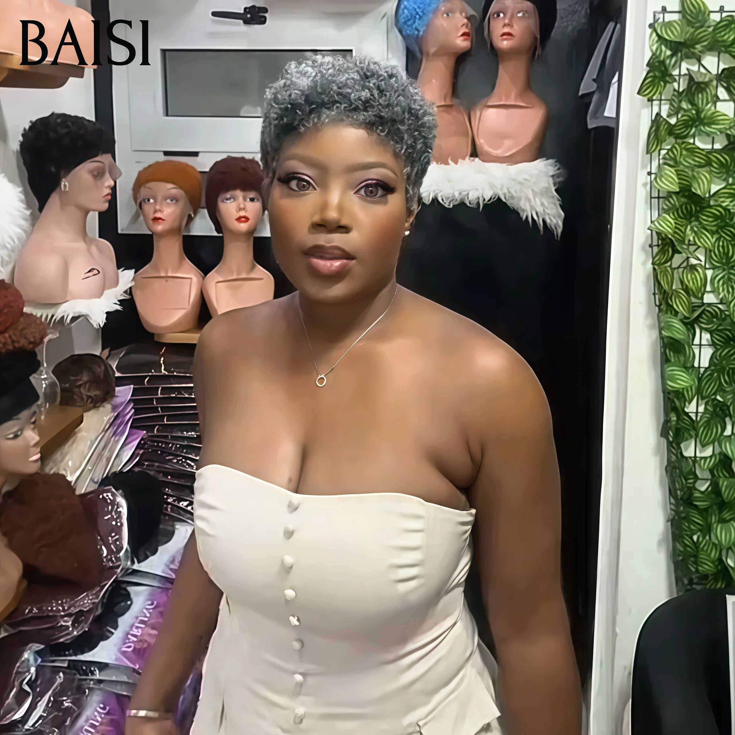 BAISI Perruque Collection Poivre et Sel Perruque Pixie Afro Curl 66€ sans Colle en couleur gris ou pixie avec 13X4 lace Frontale 98€ en 100% cheveux humains