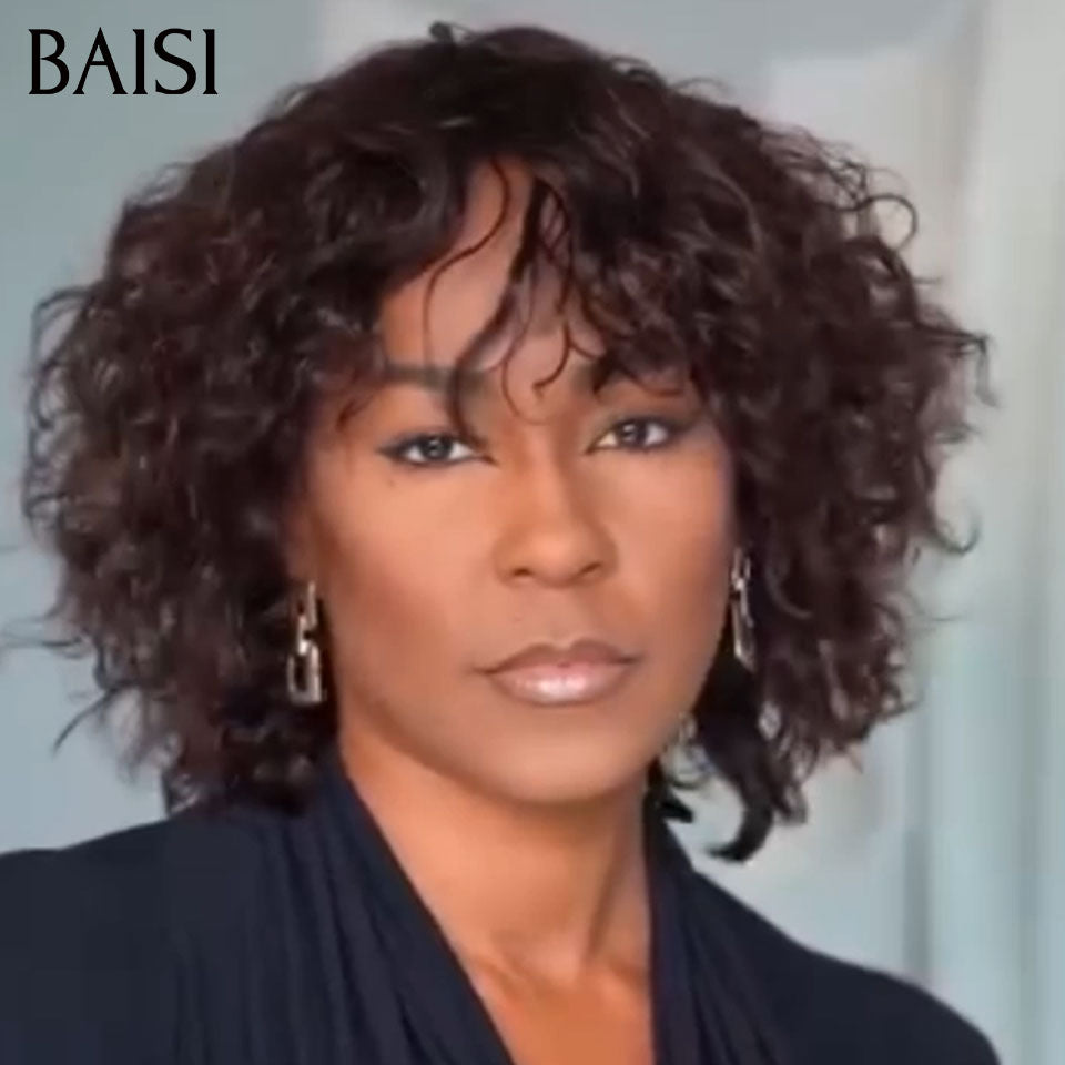 BAISI Achetez 2 perruques minimum au prix d'usine fournisseur Perruque Bouclée kinky Curly Wave avec Frange en NOIR ou Marron #4 (Pas Besoins De Code)
