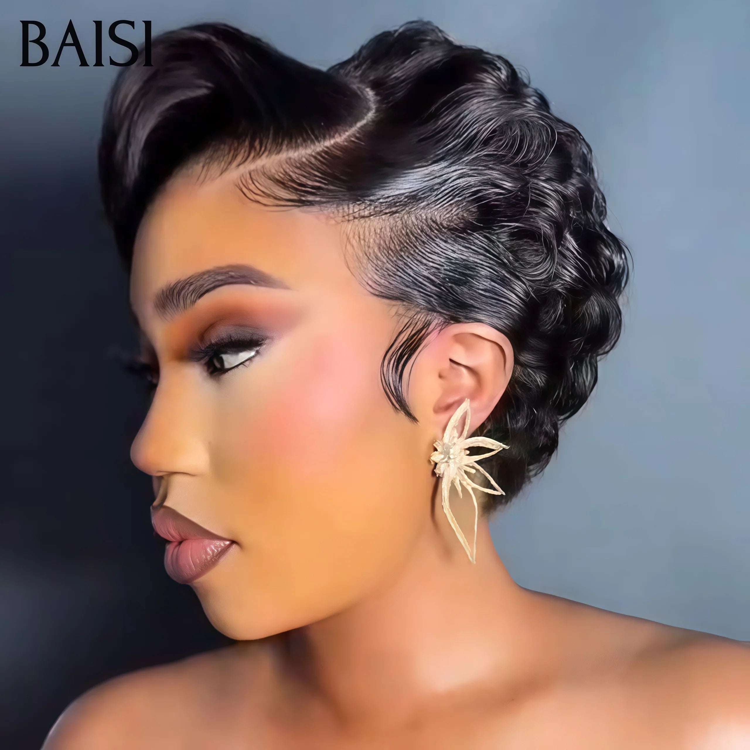 BAISI 13X4 Lace Frontale Perruque Pixie Finger Wave petite coupe  en Couleur 30# 77€ ou NOIR 56€ En 100% Cheveux Humains