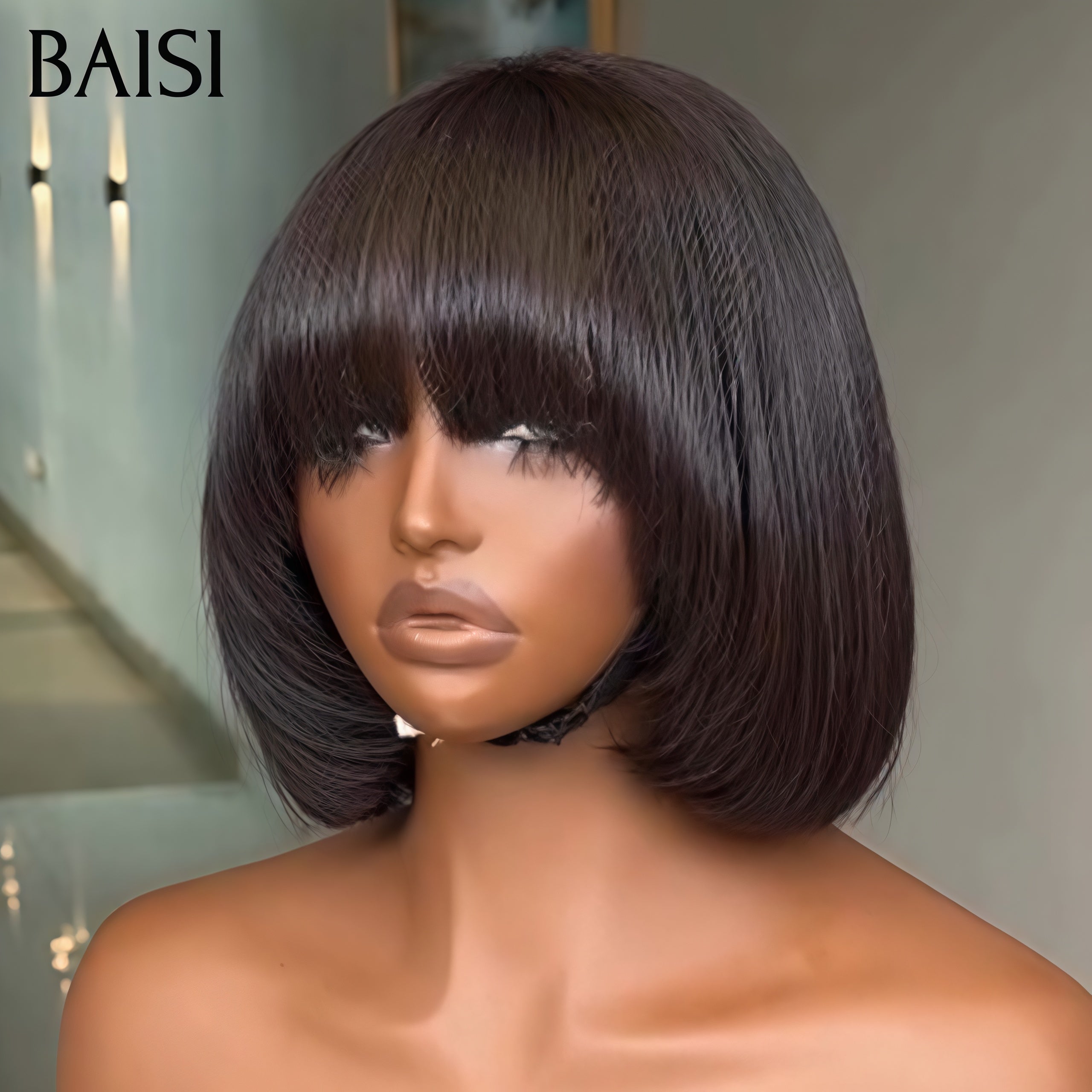 BAISI  Perruque  Lisse avec Frange 8 Pouces 59€ ou 18 Pouces en Couleur Noir  En 100% Vrais Cheveux Humais 149€ Code : BS120