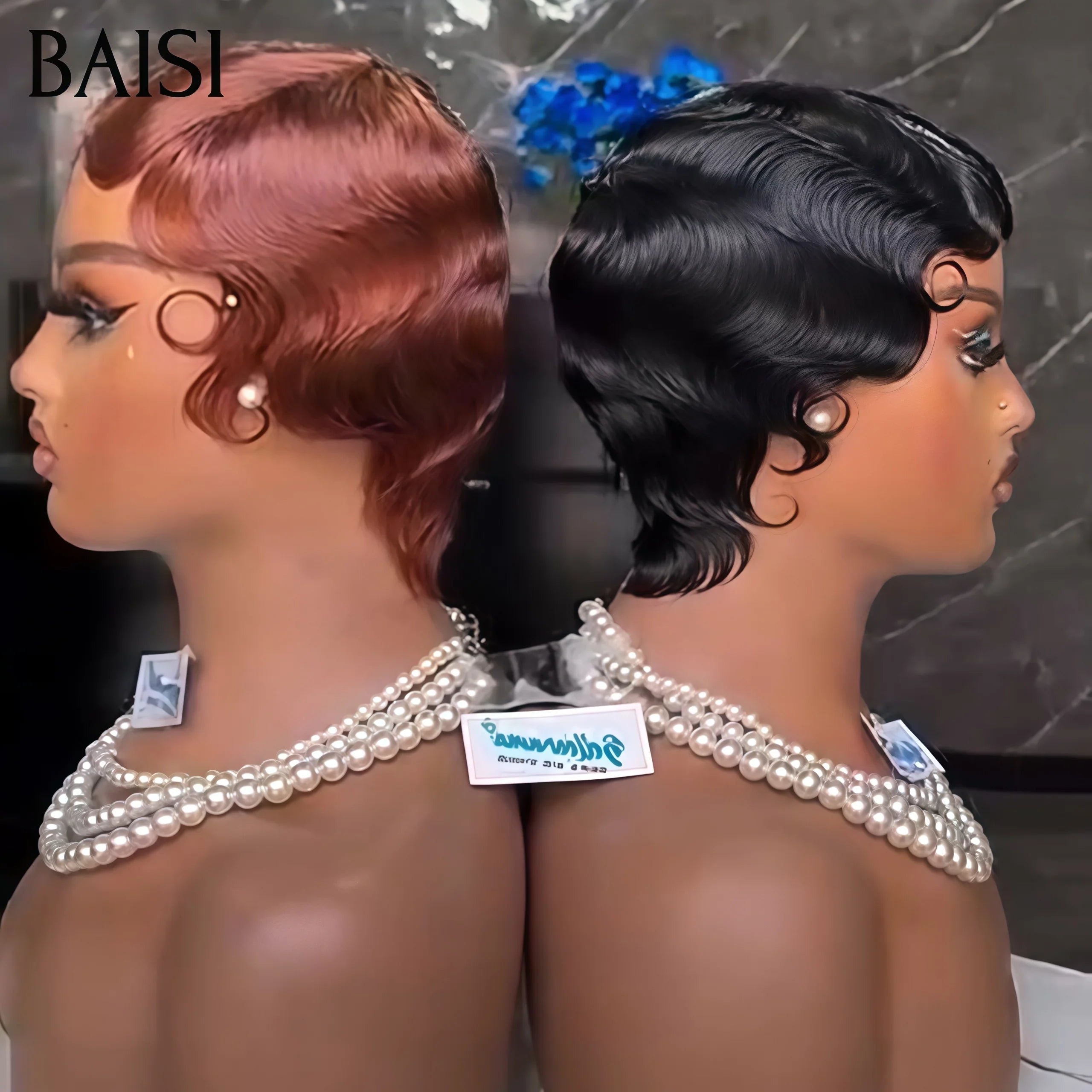 BAISI 13X4 Short Pixie Finger Wave Wig in Pink Color €88 In 100% Human Hair BS50