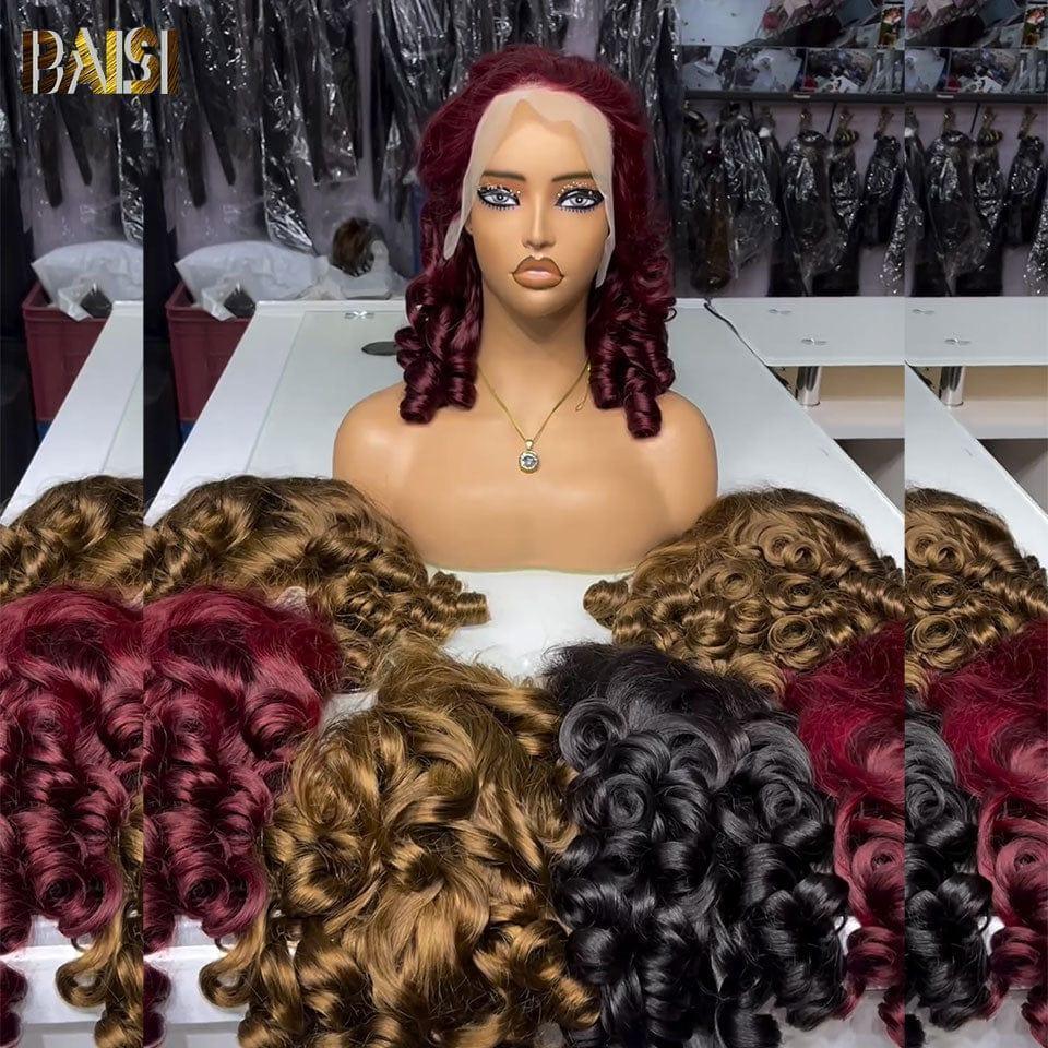 BAISI Compre 2 perucas no mínimo ao preço de fábrica do fornecedor, Peruca 13X4 066C Bouncy Curly, 4 cores, 18 polegadas ou 13X4 lace Bouncy Body Wave, 16 polegadas, misto, 200% densidade, mais de 20 anos de uso em 100% cabelo humano (sem código)