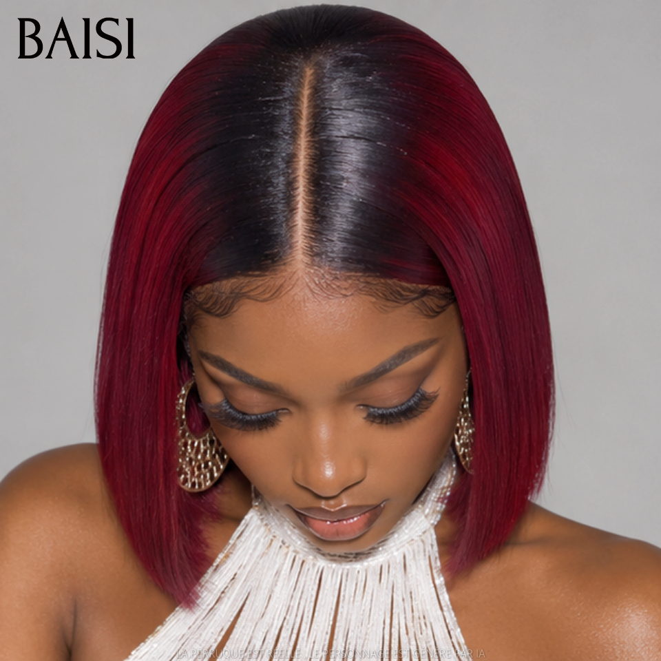 BAISI Perruque 2x6 lace closure Bob lisse 8 pouce 85€ Bordeaux Avec racine NOIR Vietname Hair DE luxe en 100% cheveux humains FR38