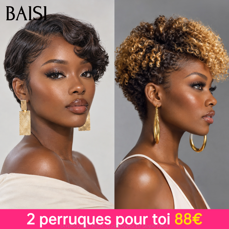 BAISI pour revendre 2 perruques 88€ 13x4 lace pixie Lisse NOIR et sans Colle curly wave Miel en 100% vrais cheveux humains
