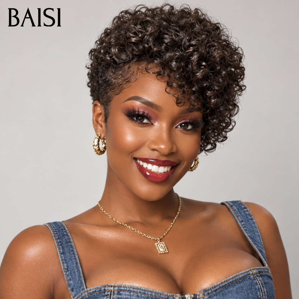 BAISI Perruque pixie curly wave OFFRE FLASH 68€ NOIR Fabriqué à la Machine Promotion en 100% Cheveux Humains