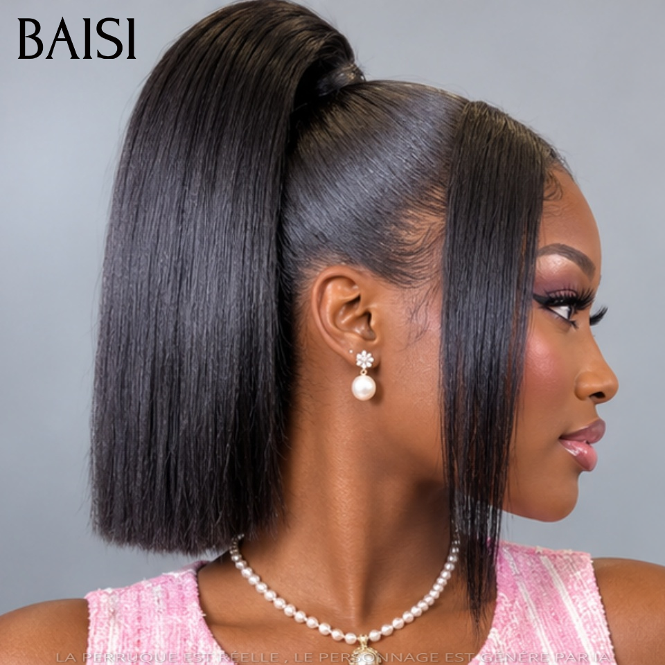 Perruque coiffée 10 pouce 89€ bob 13x4 lace frontal Lisse avec Queue de Cheval natte NOIR en 100% Cheveux Humains