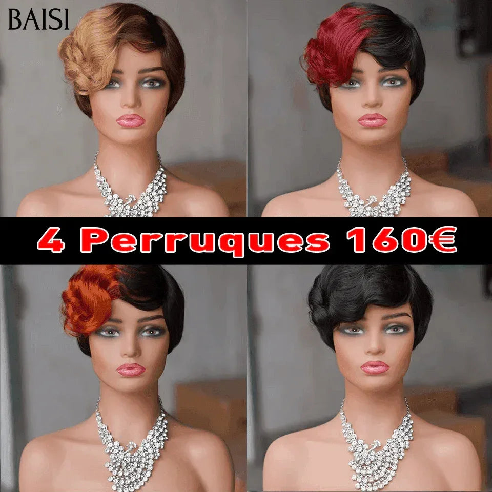 BAISI Pixie perruque chioma finger wave NOIR Avec Frontale 55€ ou En 4 Couleur #4#27 et orange et 99J et noir  160€ sans colle sans lace en 100% Cheveux Humains