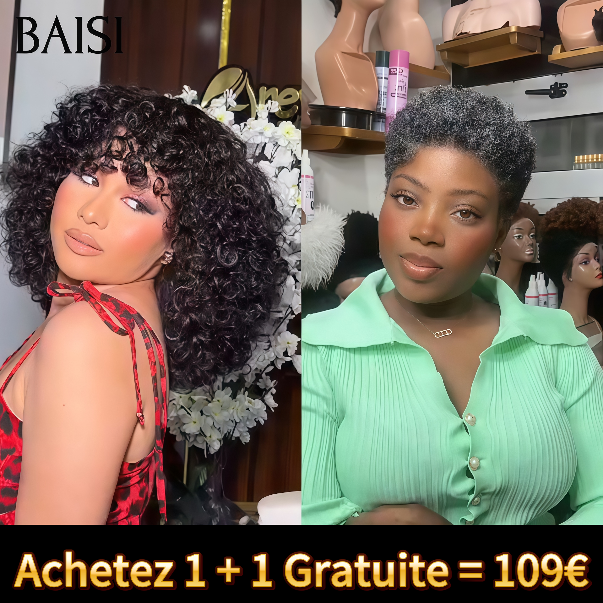 BAISI Achetez 1 + 1 Gratuite = 109€ water wave 12 pouces et sans lace afro curly gris 6 pouces en 100% Cheveux humains FR38