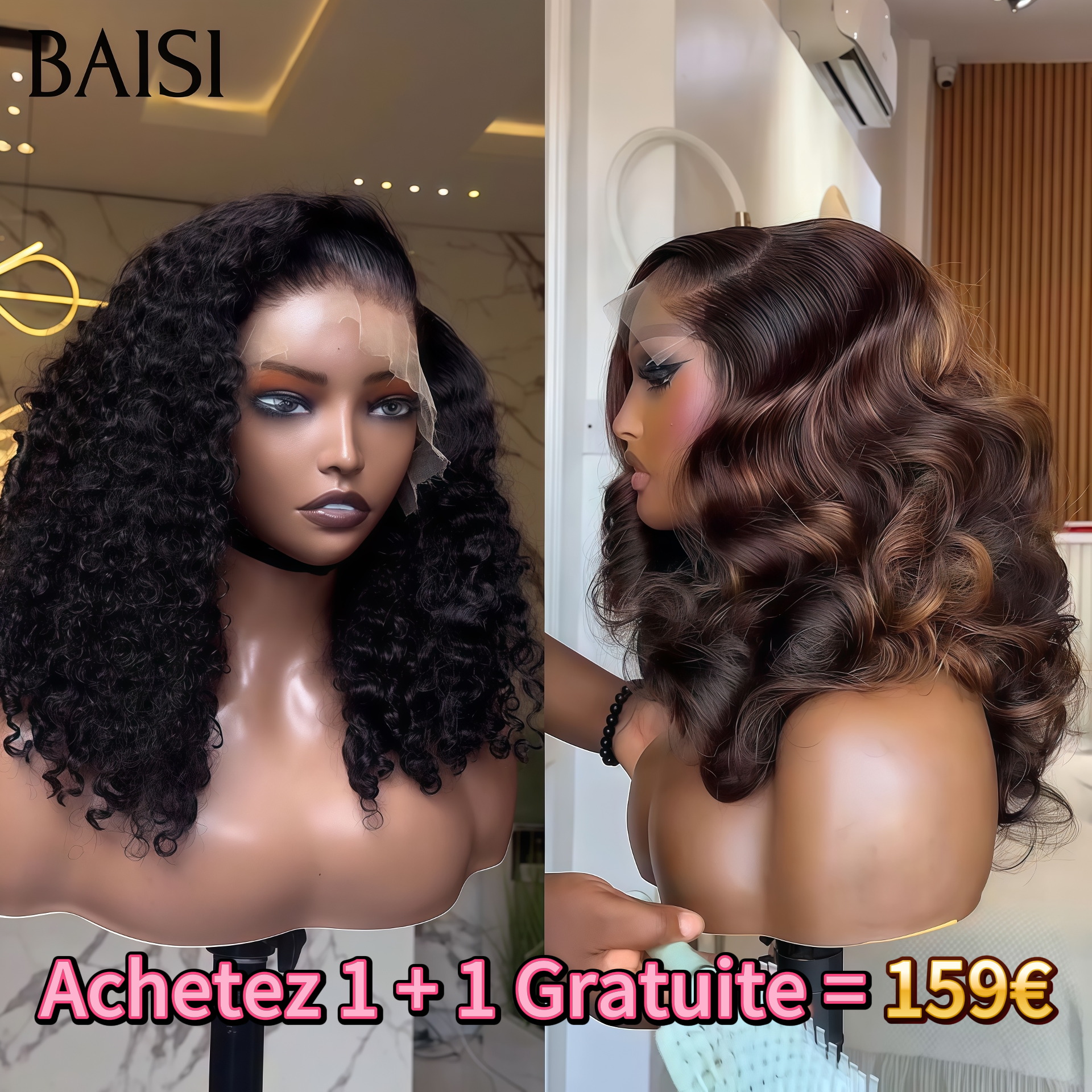 BAISI Compra 1 + 1 Gratis = 159€ Parrucca 13x4 frontale in pizzo riccia onda 16 Pollici e 5x5 in pizzo egg wave 12 Pollici in 100% capelli umani veri