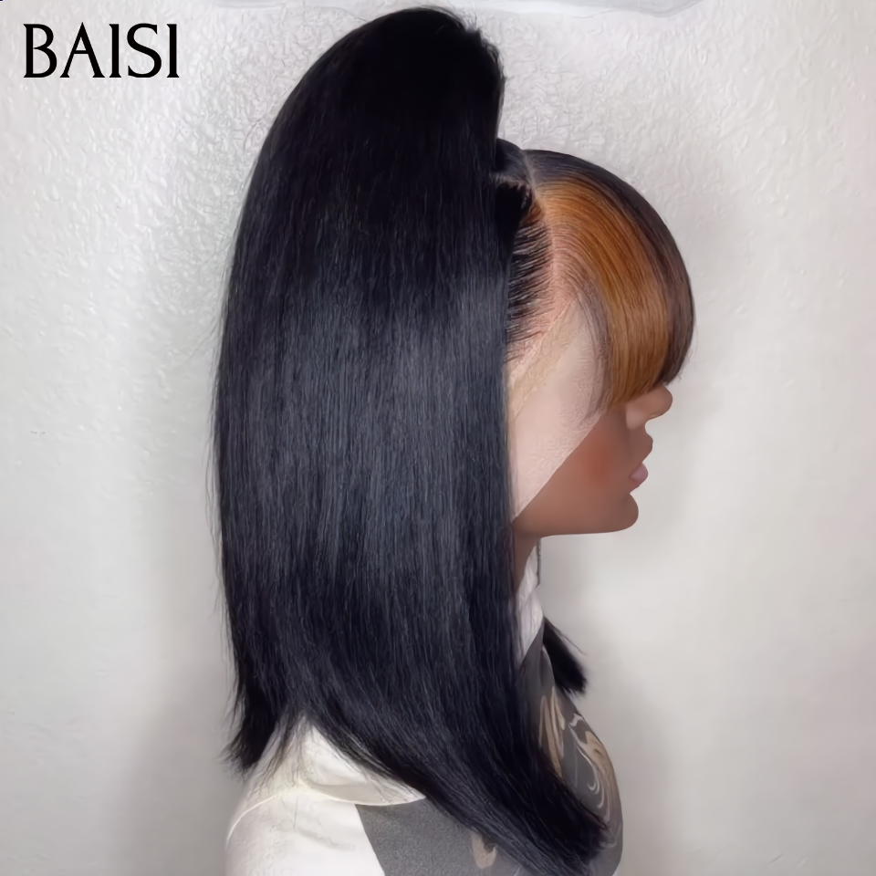 BAISI 13x4 lace Perruque Coiffée Bob Lisse Avec Frange Couleur Noir 1B#  139€ Pas Besoin de Colle Installation Facile Et Pratique en 100% Cheveux Humains