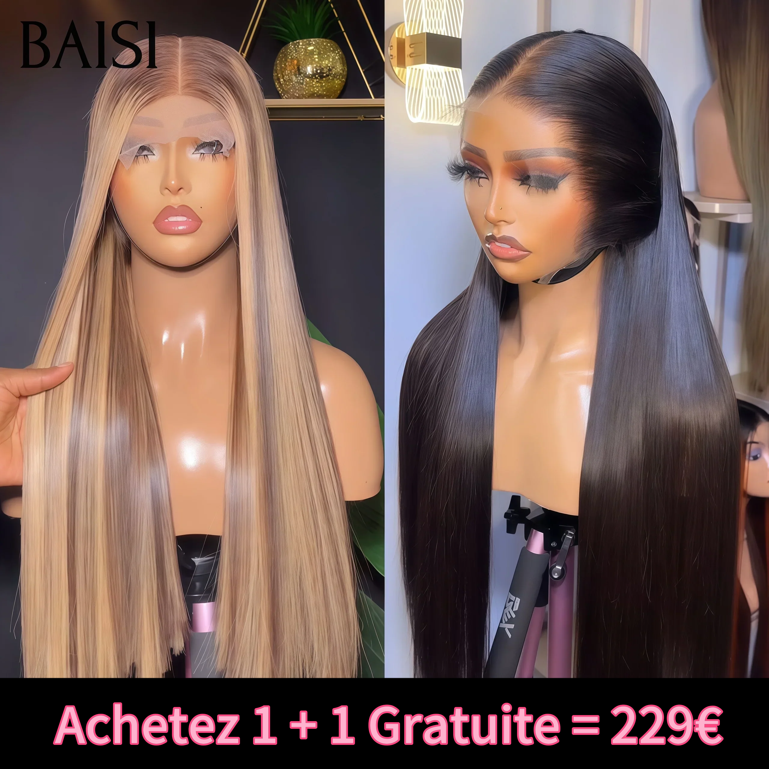 BAISI Achetez 1 + 1 Gratuite = 229€  13X4 lace frontal 24 Pouces Lisse en couleur NOIR et Marron Mixte Miel En 100% Cheveux Humains