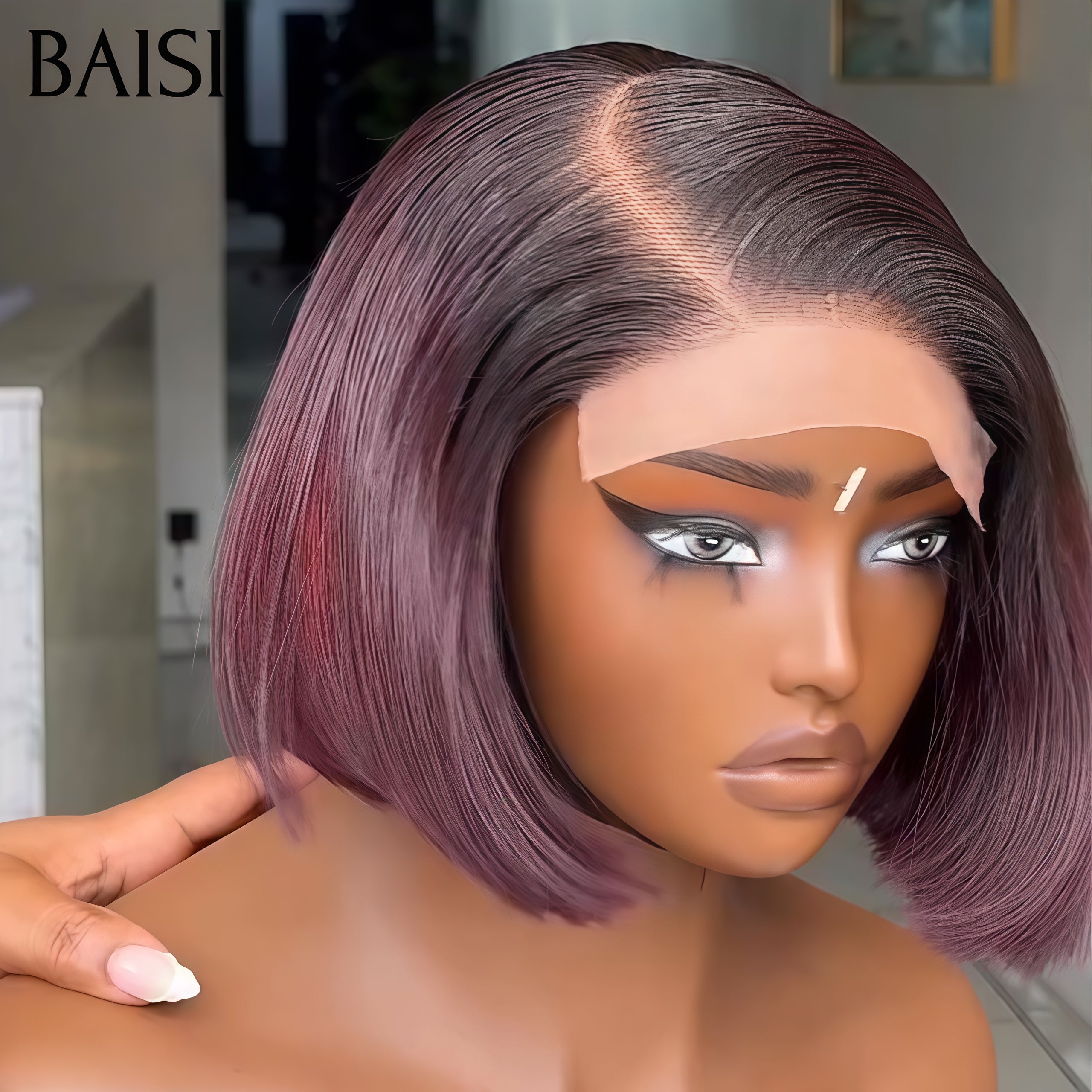 BAISI 4X4 lace closure Perruque Bob Lisse 10 Pouces en couleur Bordeaux avec racine NOIR  #1B99J 100% Cheveux Humains