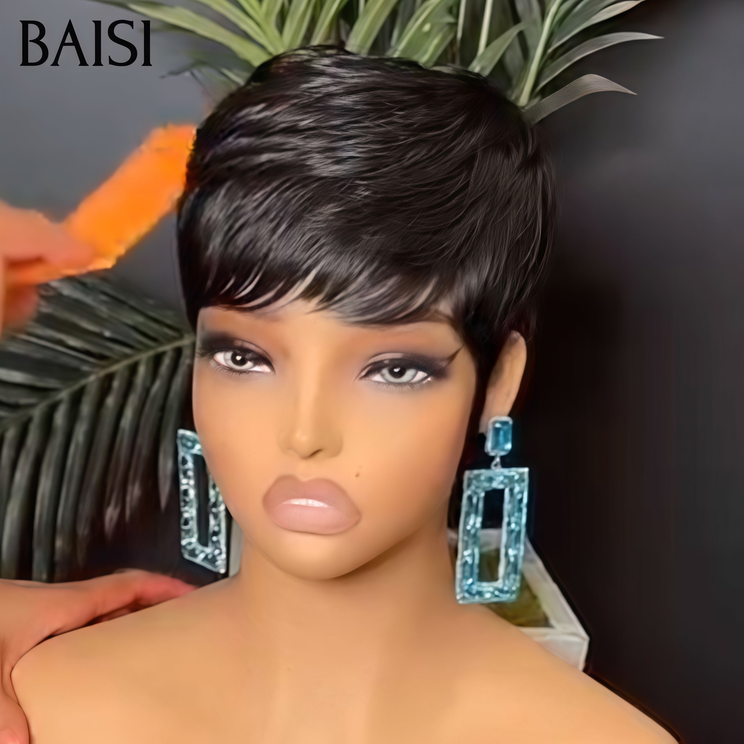 BAISI Perruque Pixie lisse petite coupe fabriqué à la machine moitié prix NOIR  42€ ou 109€ en couleur 1B/Gris En 100% Cheveux Humains MP50