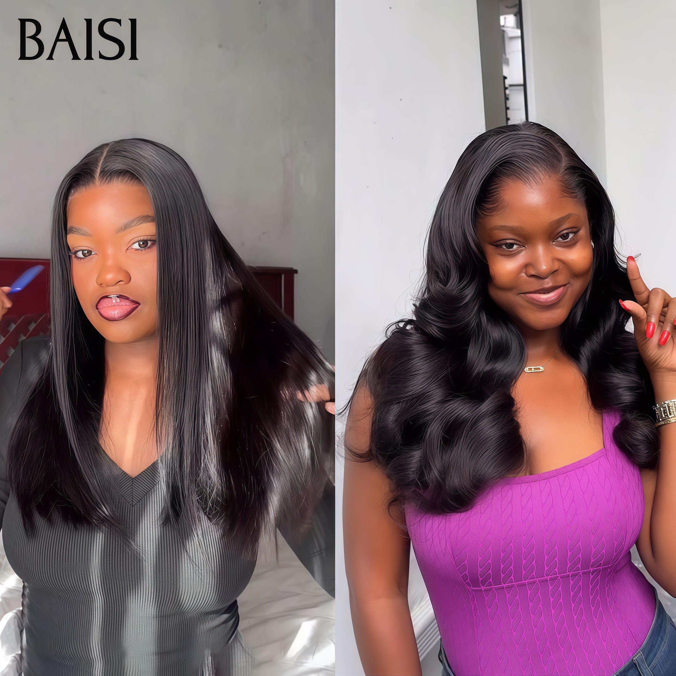 BAISI Lot de 2 Perruques 18 pouce 149€ 4x4 lace closure Body wave et Lisse  en 100% Raw Hair