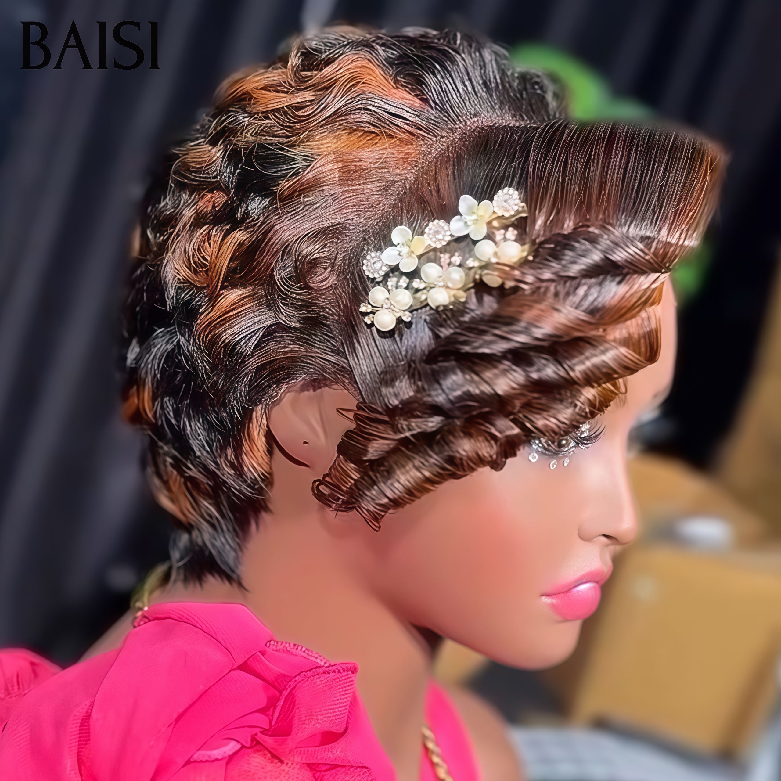 BAISI  Perruque 68€ pixie Coiffure 13X4 lace frontal finger wave comme la video Personnalisation des couleurs en 100% Cheveux humains