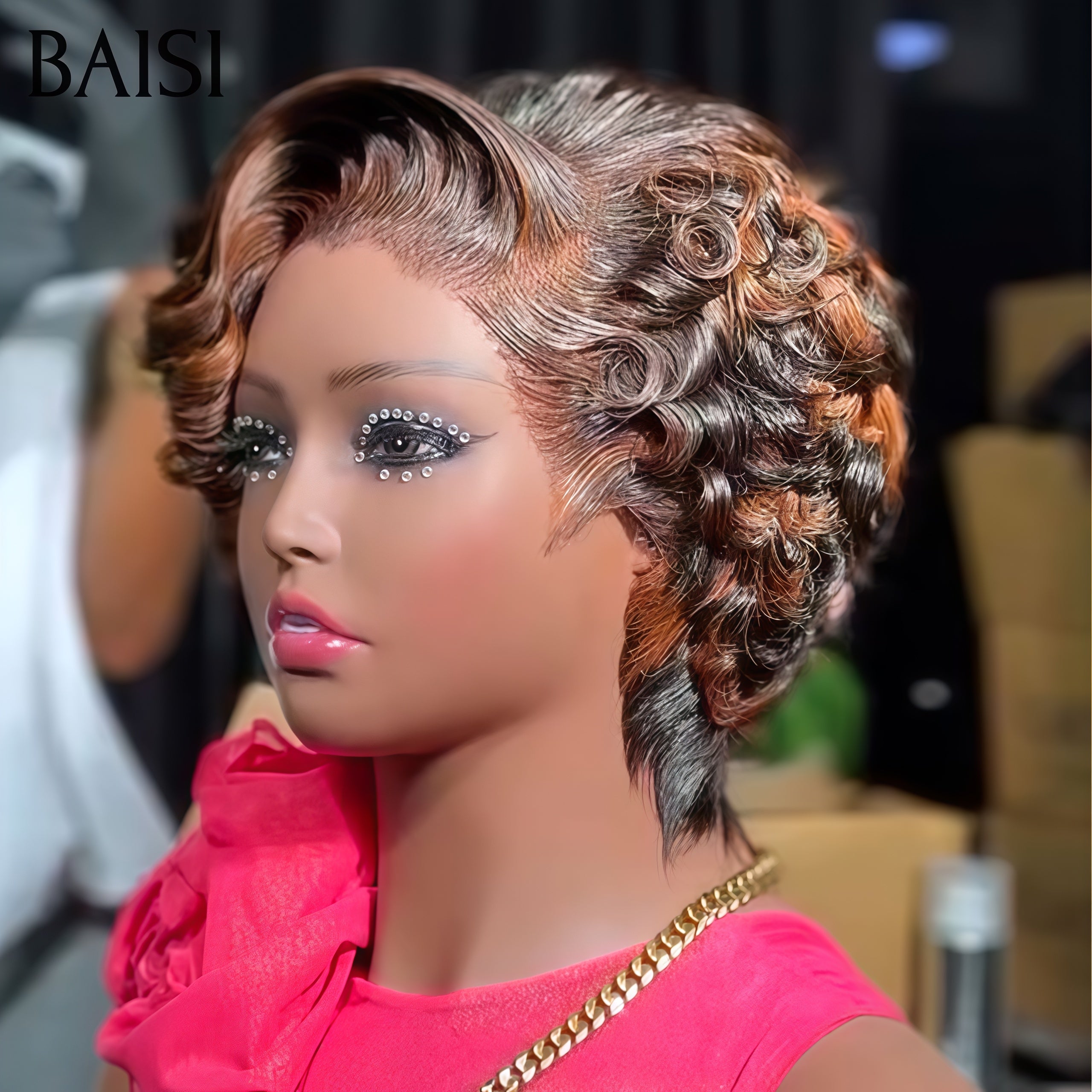 BAISI  Perruque 68€ pixie Coiffure 13X4 lace frontal finger wave comme la video Personnalisation des couleurs en 100% Cheveux humains