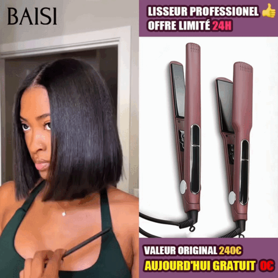 BAISI  Offre spéciale Perruques 13x4 lace frontal kinky straight 10 Pouces NOIR 1 Perruque + Lisseur PRO Gratuite 100€ PROMO en 100% vrais cheveux humains