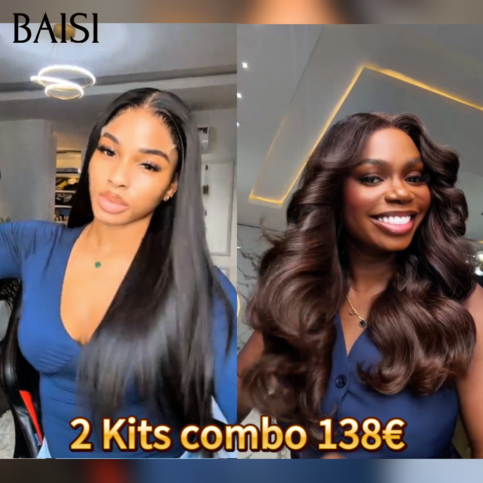 BAISI 2 Perruques 138€ 13x4 lace frontal Lisse NOIR et Body wave Marron en 100% vrais cheveux humains