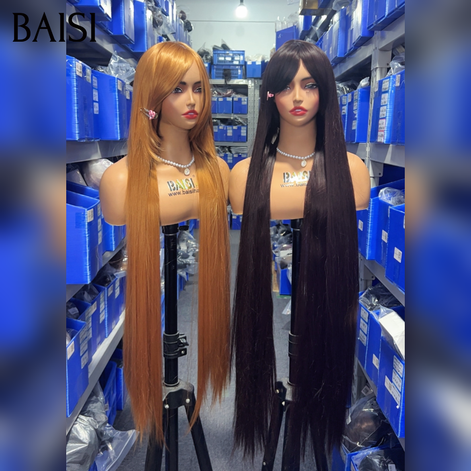 BAISI 2 Perruques 200€ 40 pouce Lisse avec Frange sans Colle Fabriqué à la Machine Moitié Prix 100% blended human hair soldes sans retour
