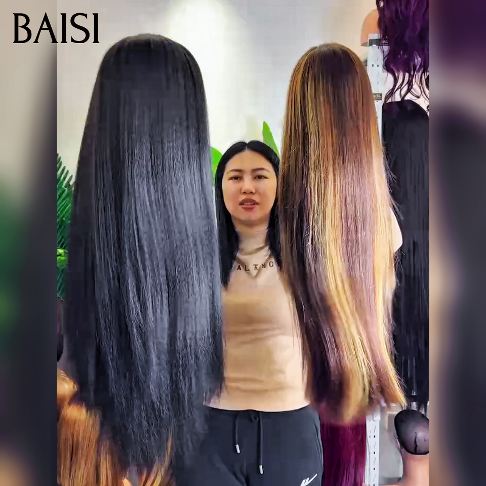 BAISI 2 perruques 200€ Perruque bandeau kinky straight 32 Pouces en noir Blended human hair et 13x4 lace frontal lisse en Mixte Miel 26 pouce en 100% Cheveux Humains