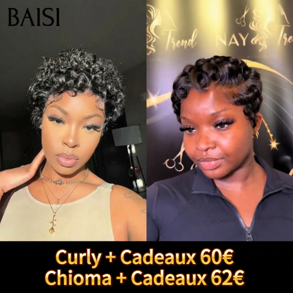 BAISI Moitié Prix PROMO perruque en France 13x4 lace frontal pixie curly ou chioma finger wave 100% Cheveux Humains