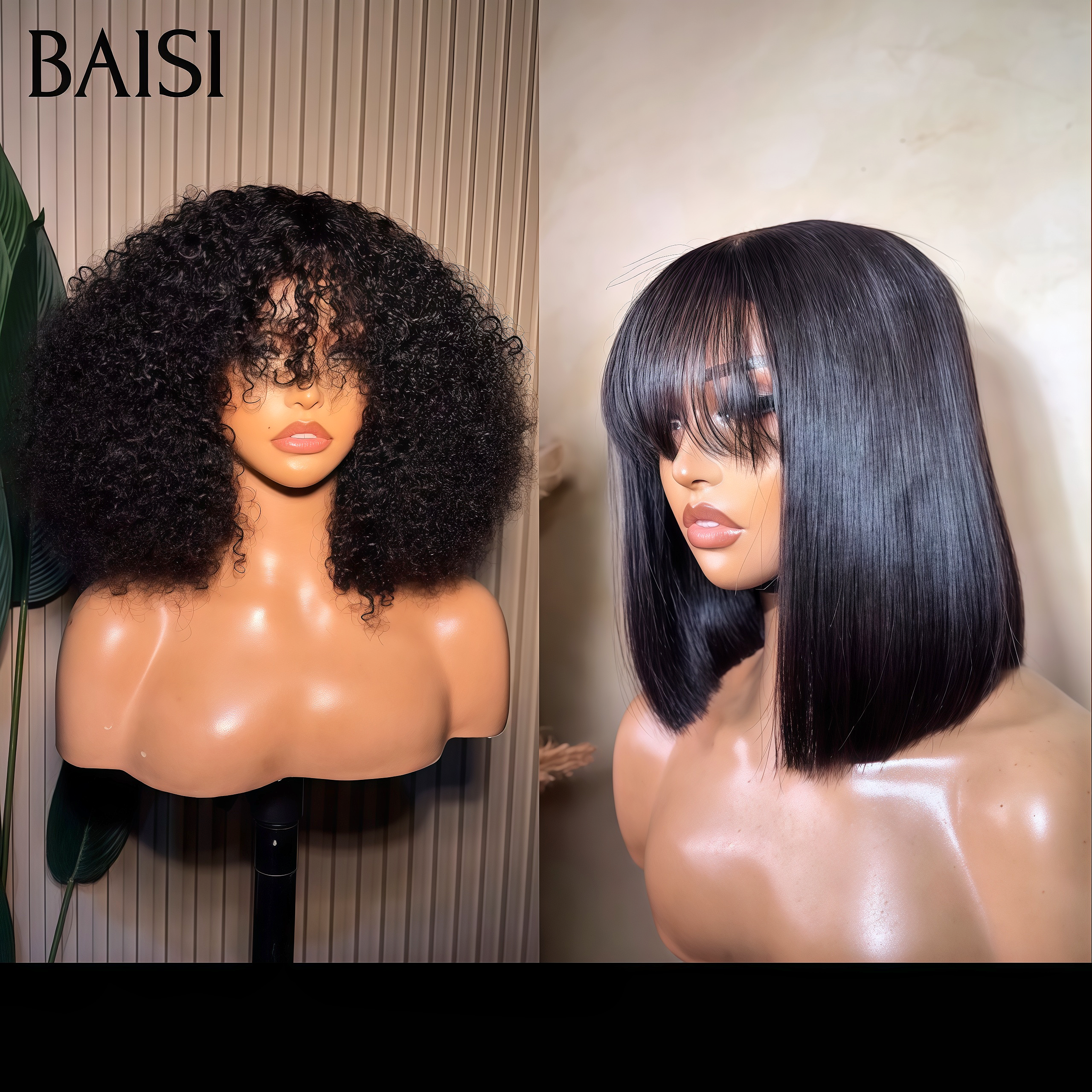 BAISI Set da 2 parrucche Compra 1 + 1 Gratis = 119€ BOB liscio con frangia e water wave in 100% capelli umani veri