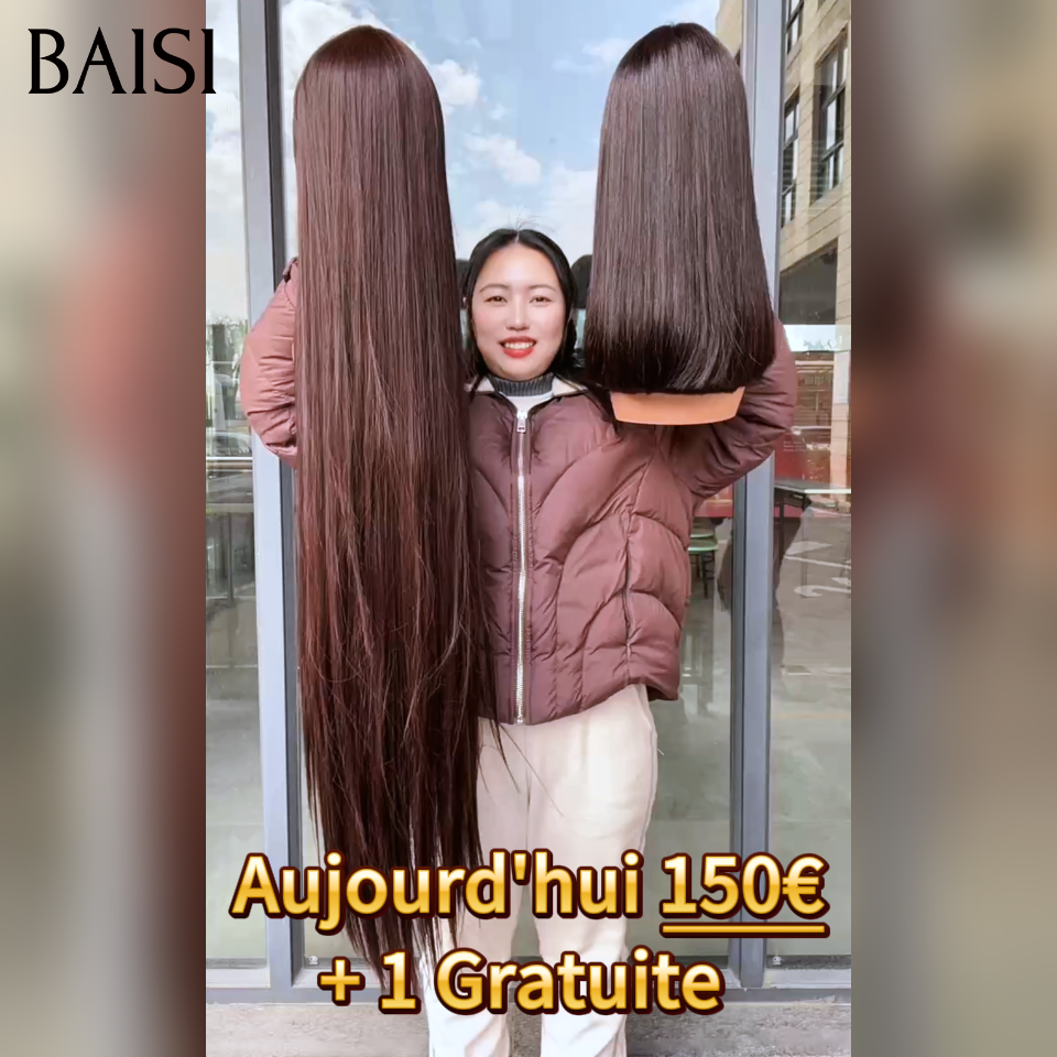 BAISI Achetez 1 + 1 Gratuite = 150€ sans Colle Lisse avec Frange Lisse 40 Pouces et 13x4 lace frontal Lisse 14 Pouces 100% Cheveux Humains
