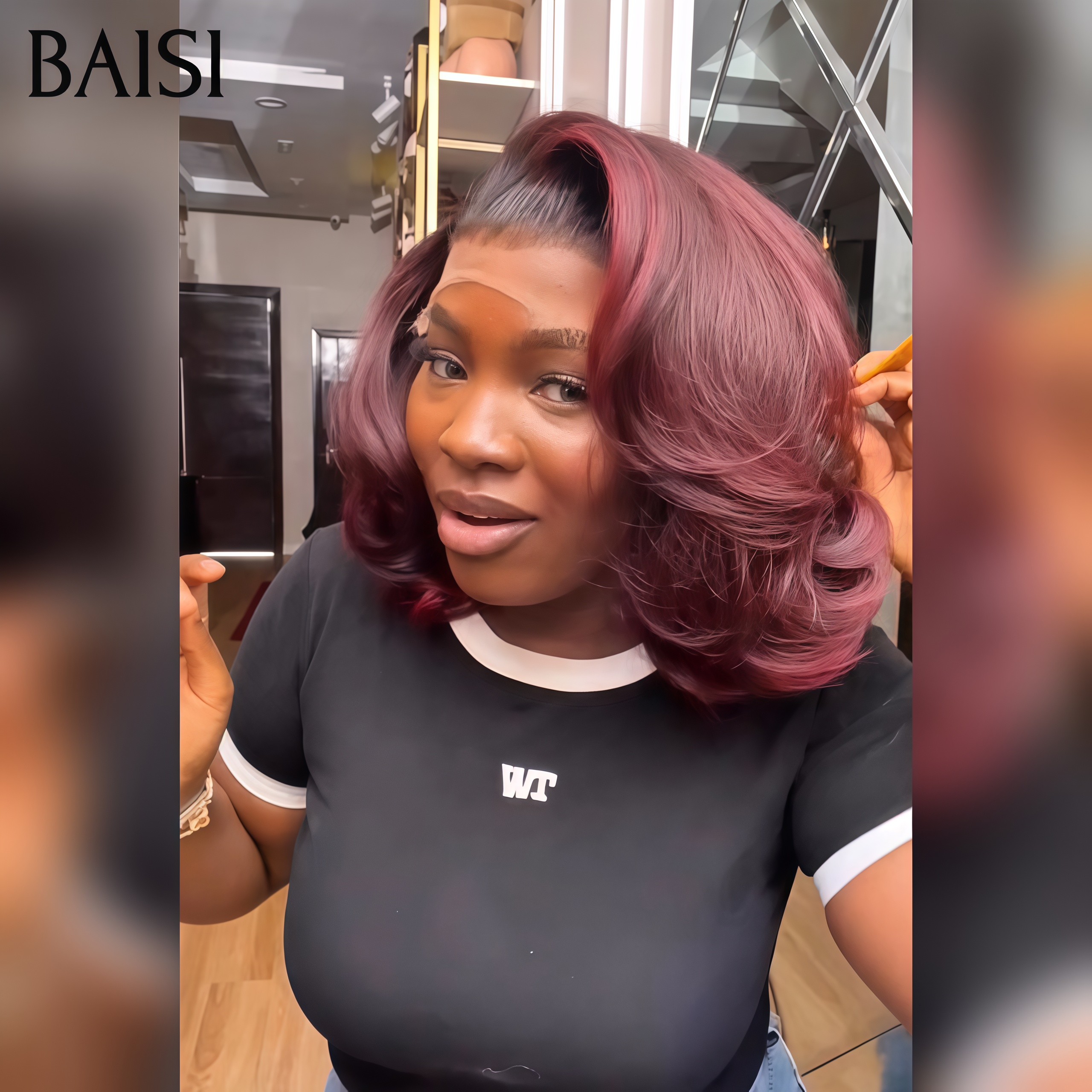 BAISI Offre à durée limitée  59€ promotion avec lace frontal bouclé wave en couleur Bordeaux BOB en 100% Cheveux Humains
